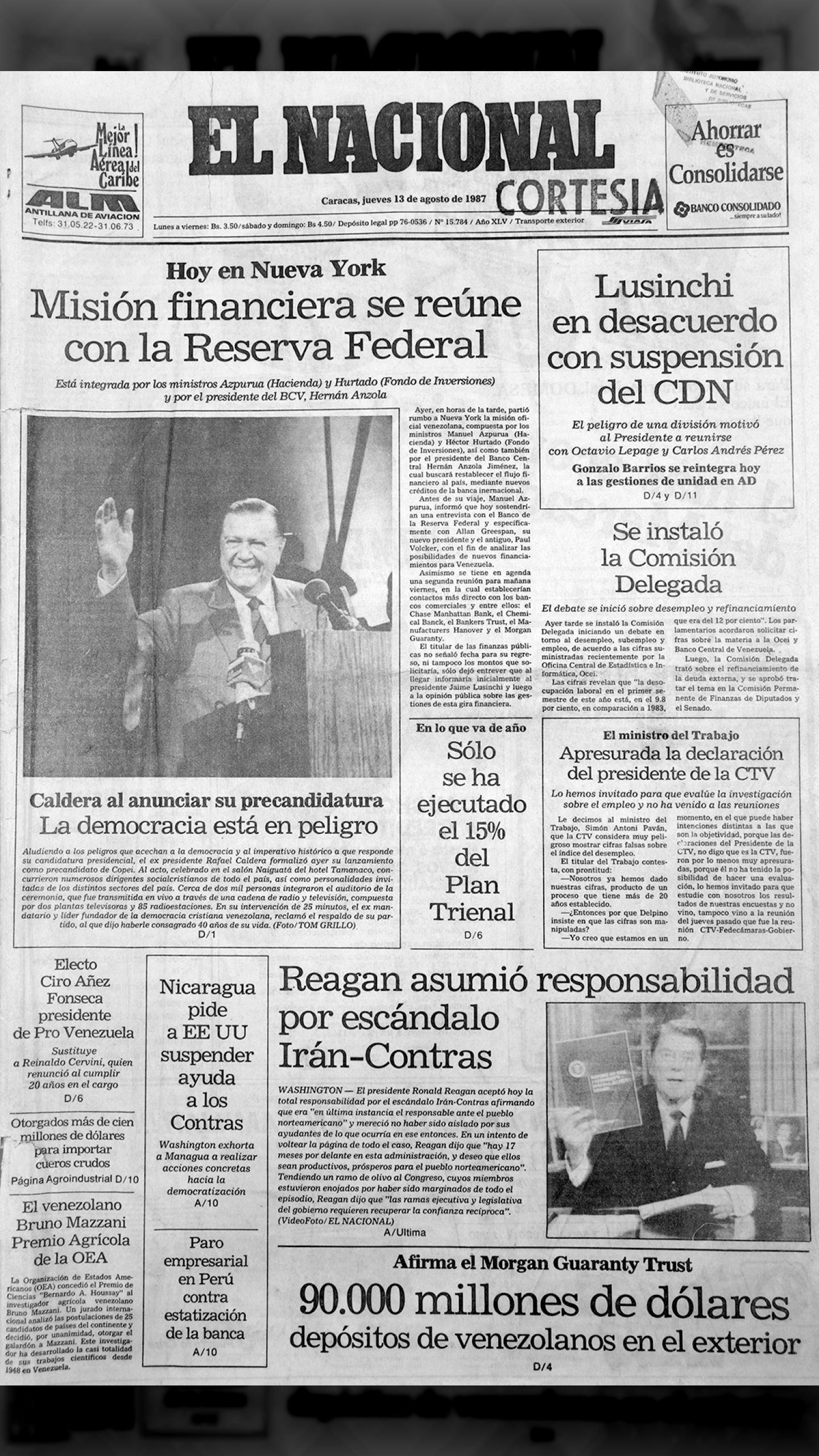 Reagan asumió responsabilidad por el escándalo Irán – Contras (El Nacional, 13 de agosto de 1987)