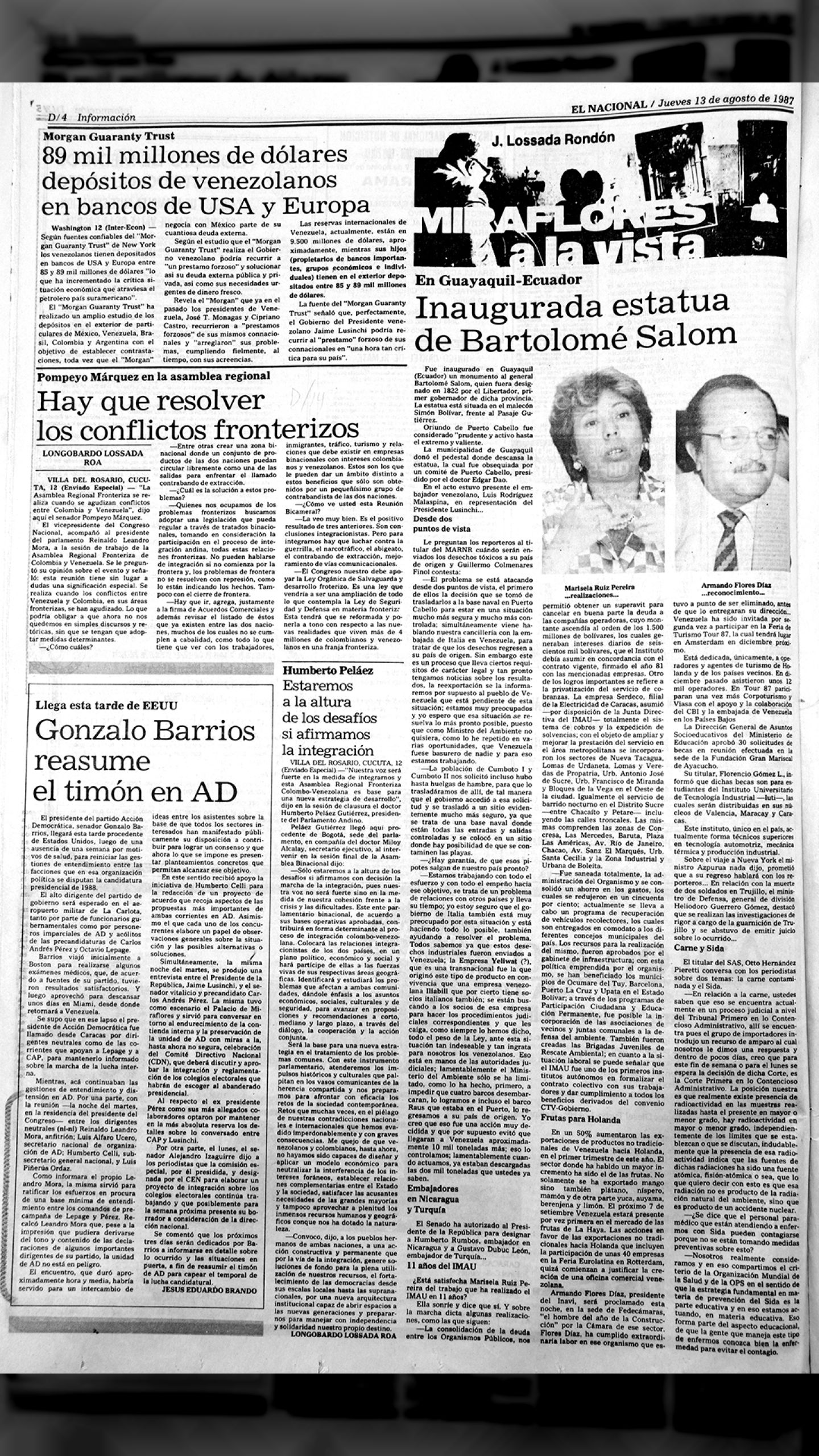 Depósitos venezolanos en el exterior 90.000 millones de dólares (El Nacional, 13 de agosto de 1987)