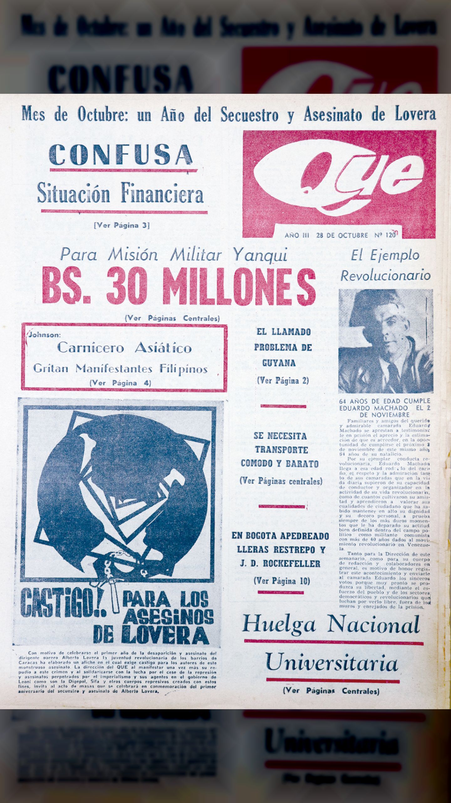Perlas del presupuesto Defensa destina 30 millones de bolívares a la misión militar yanqui (QUÉ, 28 de octubre de 1966)