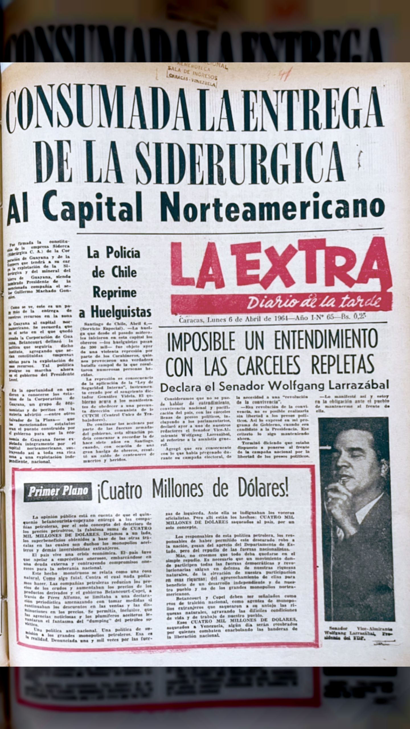 Consumada la entrega de la siderurgica al capital Norteamericano (La Extra, 6 de abril 1964)