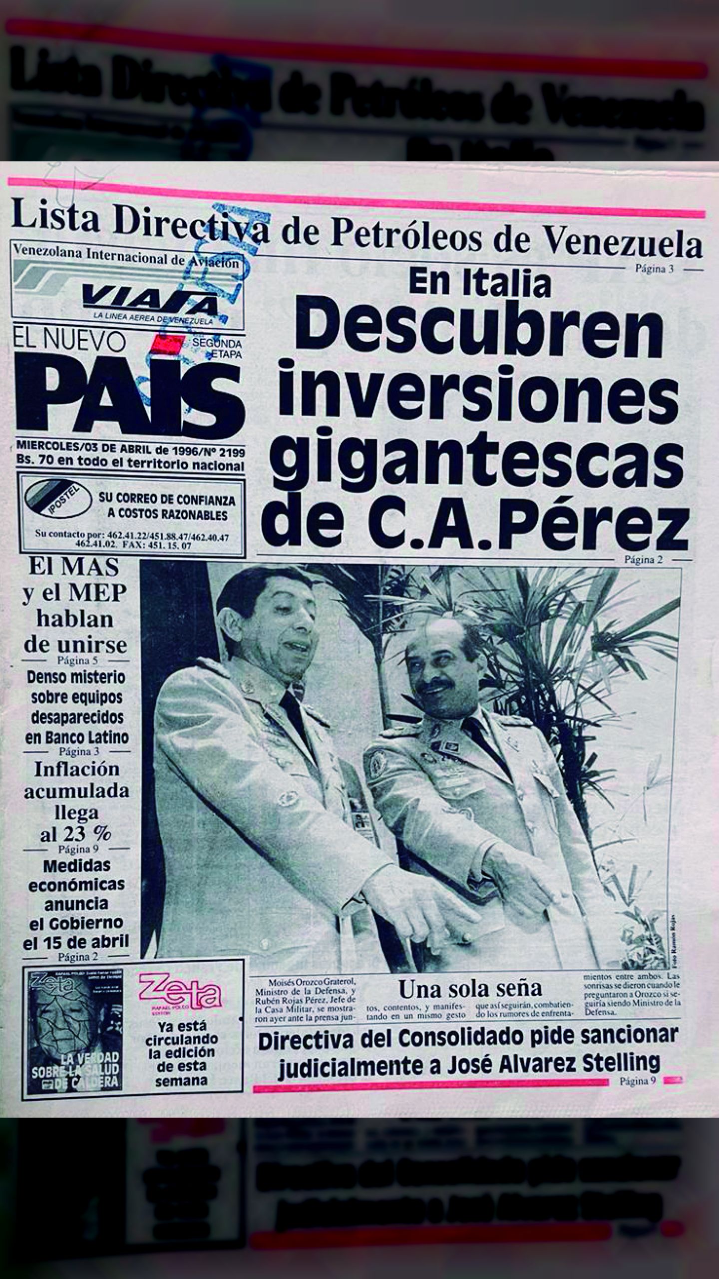 Descubren inversiones gigantescas de Carlos Andrés Pérez en Italia (El Nuevo País, 03 de abril de 1996)