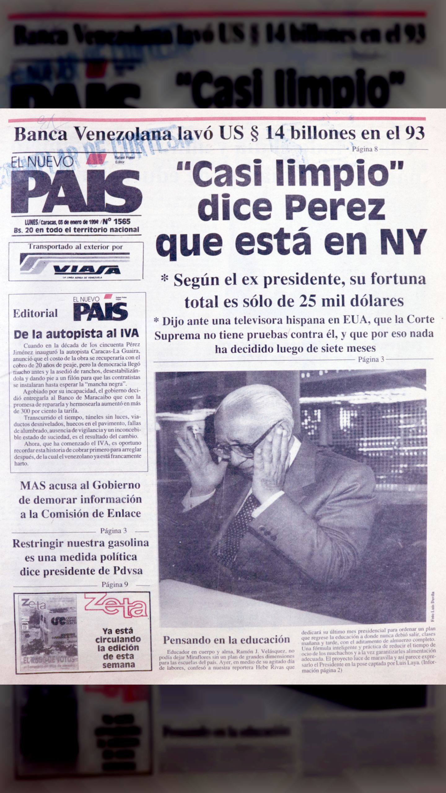 “Casi limpio” Dice Pérez que está en Nueva York (El Nuevo País, 03 de enero 1996)