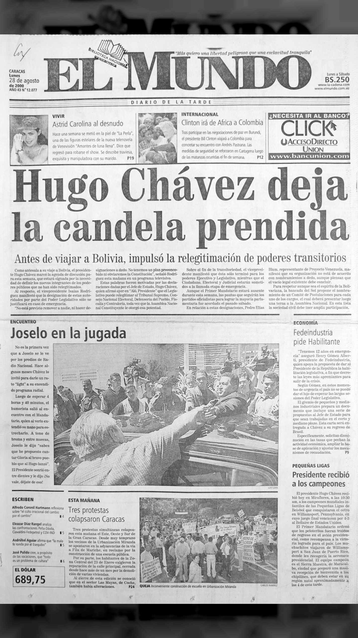 Primera transmisión conjunta de "aló presidente" (radio y tv) Hugo Chávez deja la candela prendida (El Mundo, 28 de agosto 2000)