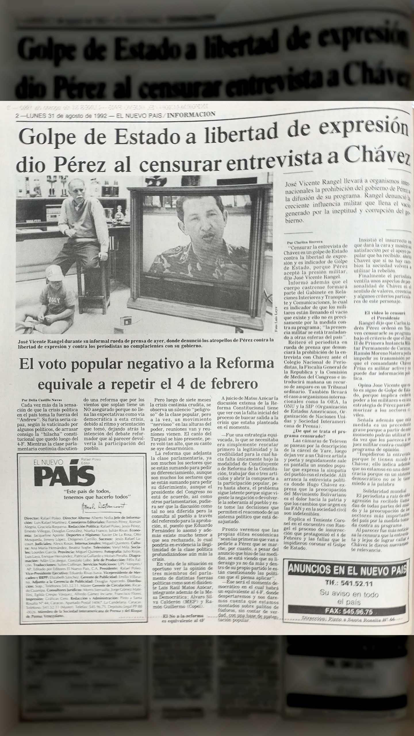 El Gran Dictador - Golpe de Estado a la libertad de expresión (El Nuevo País, 31 de agosto 1992)
