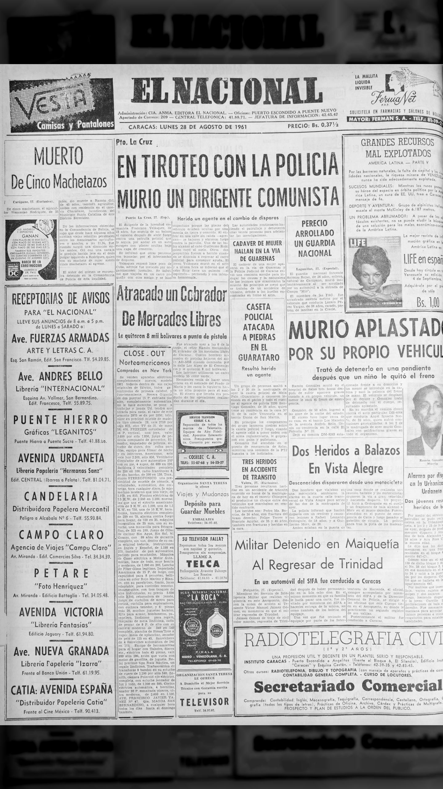 En tiroteo con la policía murió un dirigente comunista (El Nacional, 28 de agosto 1961)