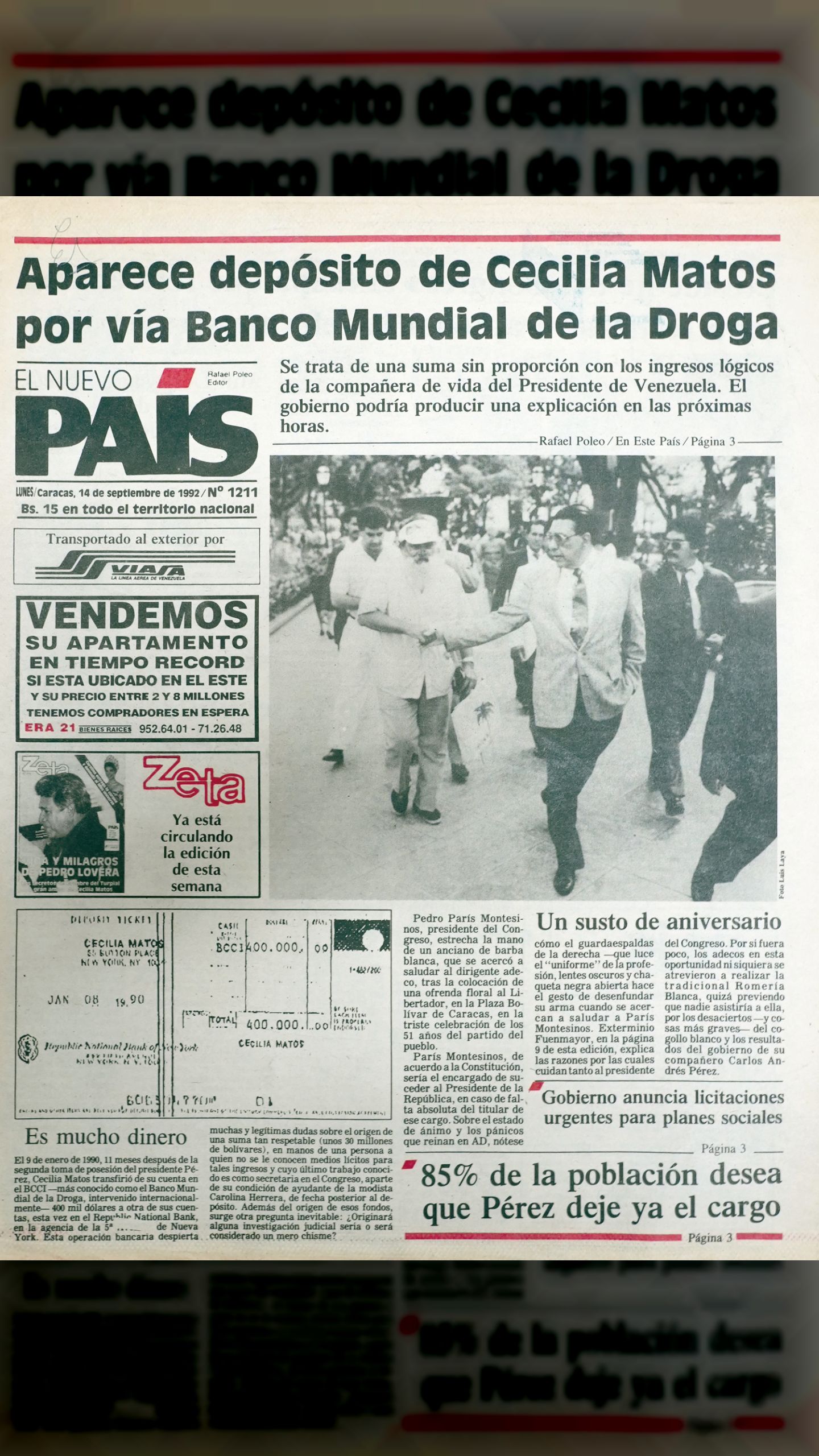Aparece depósito de Cecilia Matos por vía Banco Mundial de la Droga (El Nuevo País, 14 de septiembre 1992)