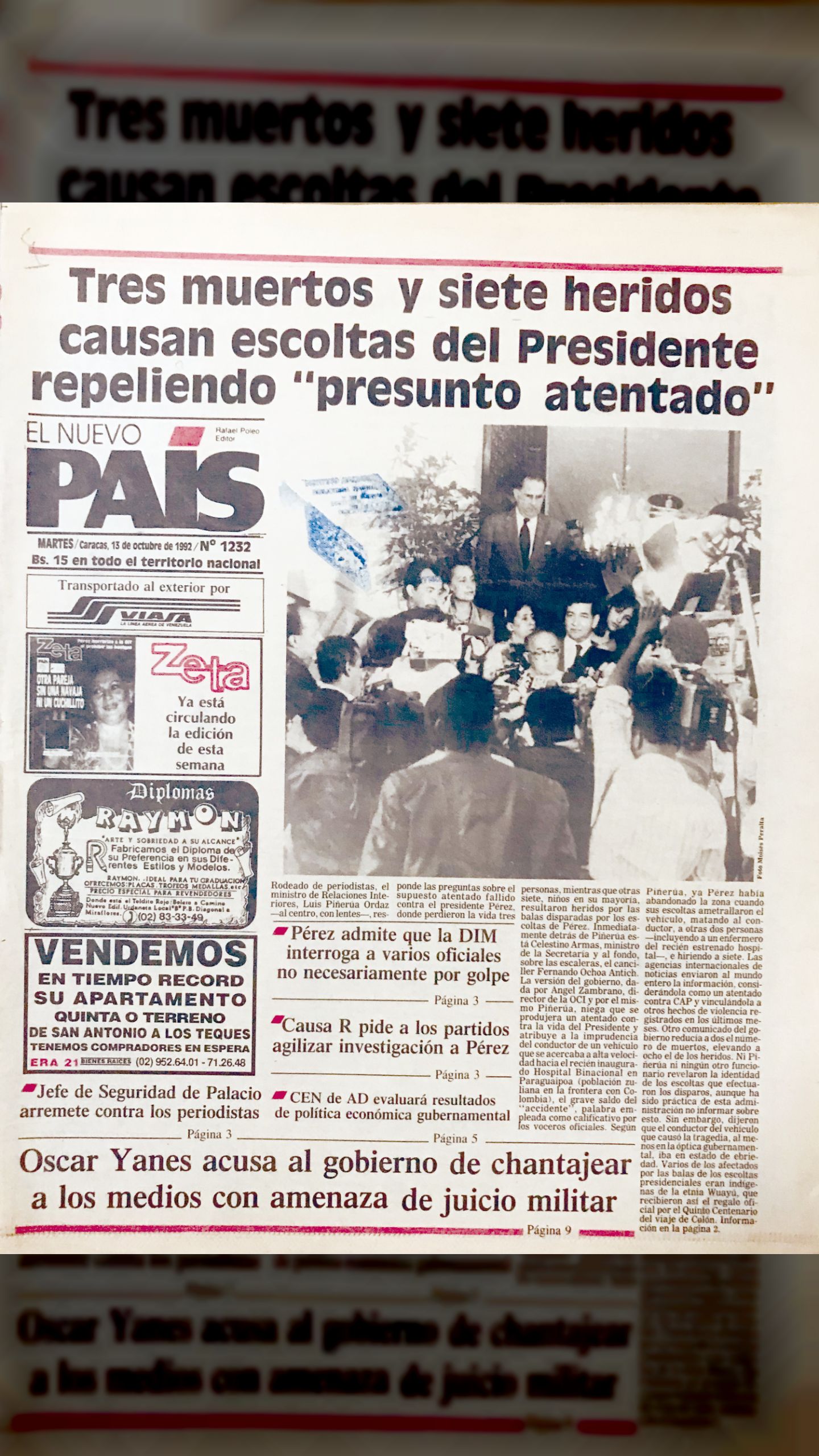 Tres muertos y siete heridos causan escoltas del Presidente repeliendo “presunto atentando” (El Nuevo País, 13 octubre 1992)