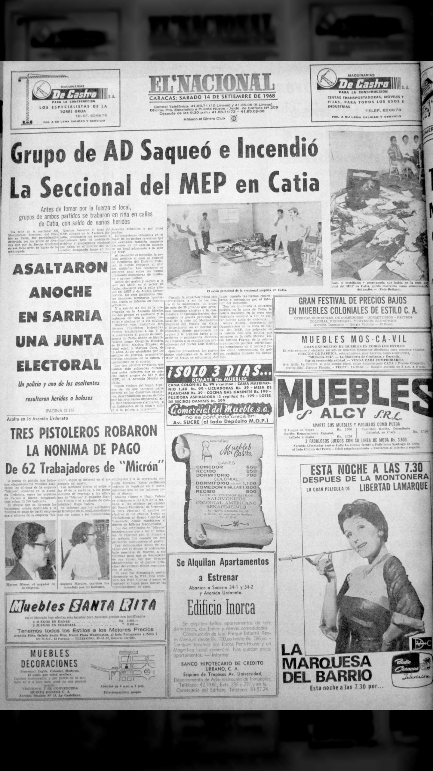 Grupo de AD Saqueó e Incendió la Seccional del MEP en Catia (El Nacional, 14 de septiembre 1968)