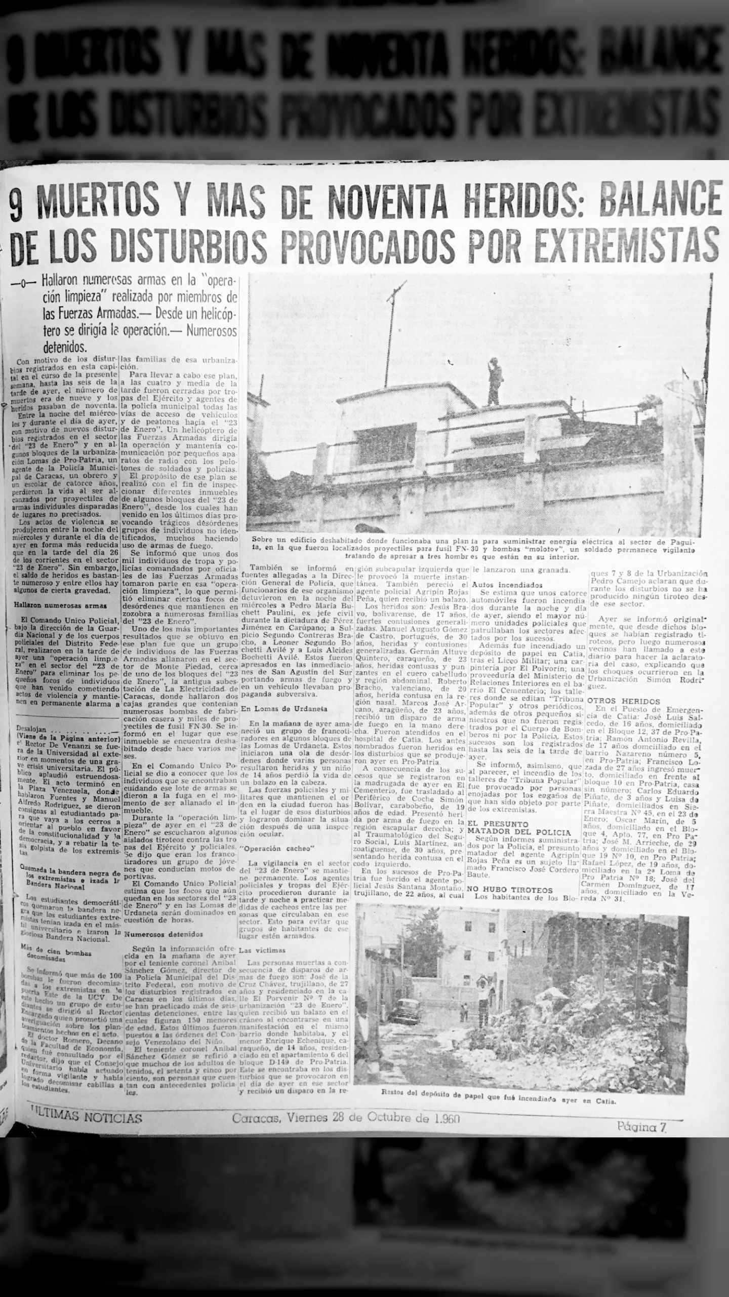 9 muertos y más de noventa heridos: "Operación Limpieza" (Últimas Noticias, 28 octubre 1960)