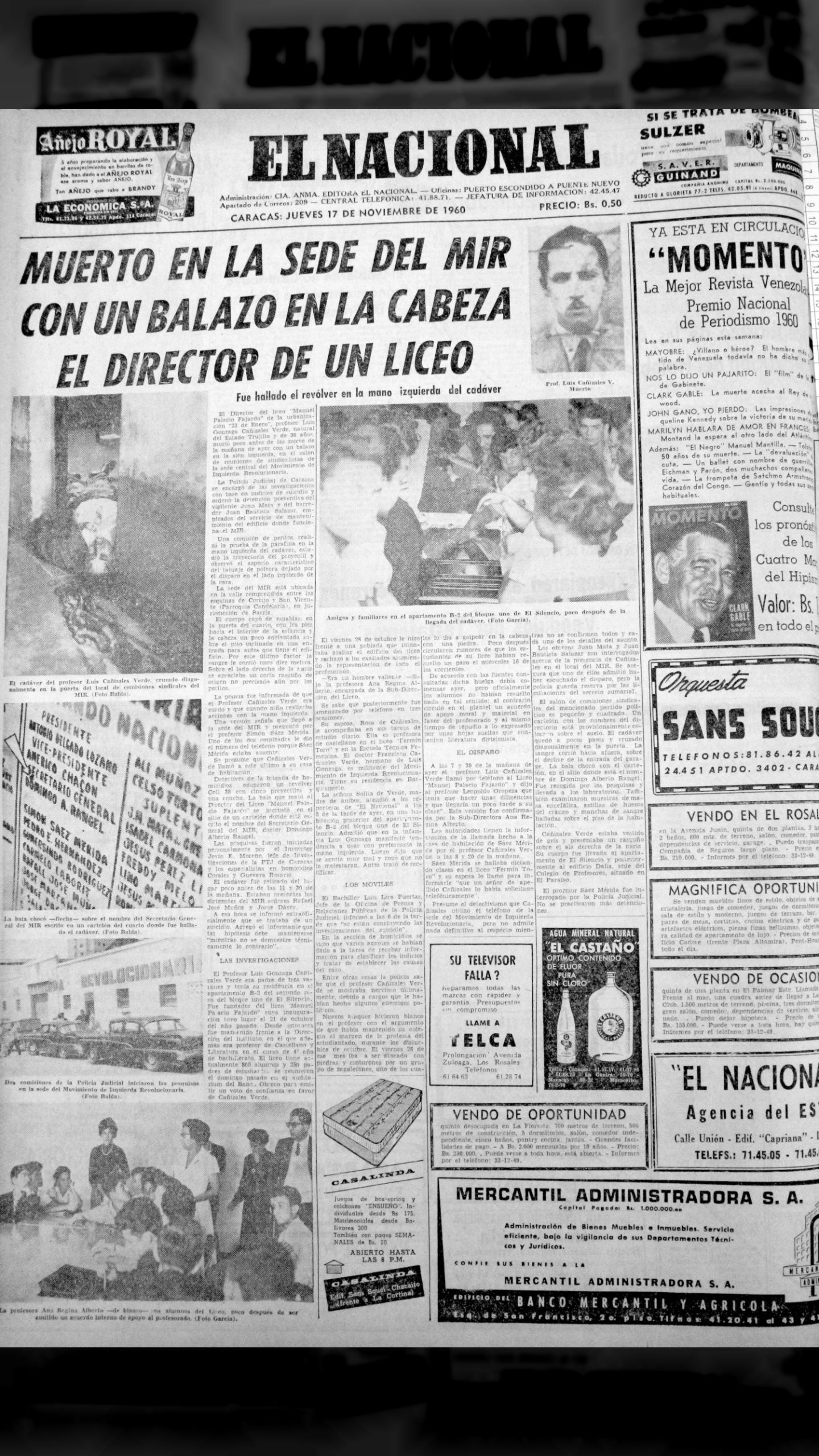 Muerto en la sede del MIR con un balazo en la cabeza el director de un liceo (El Nacional, 17 de noviembre 1960)