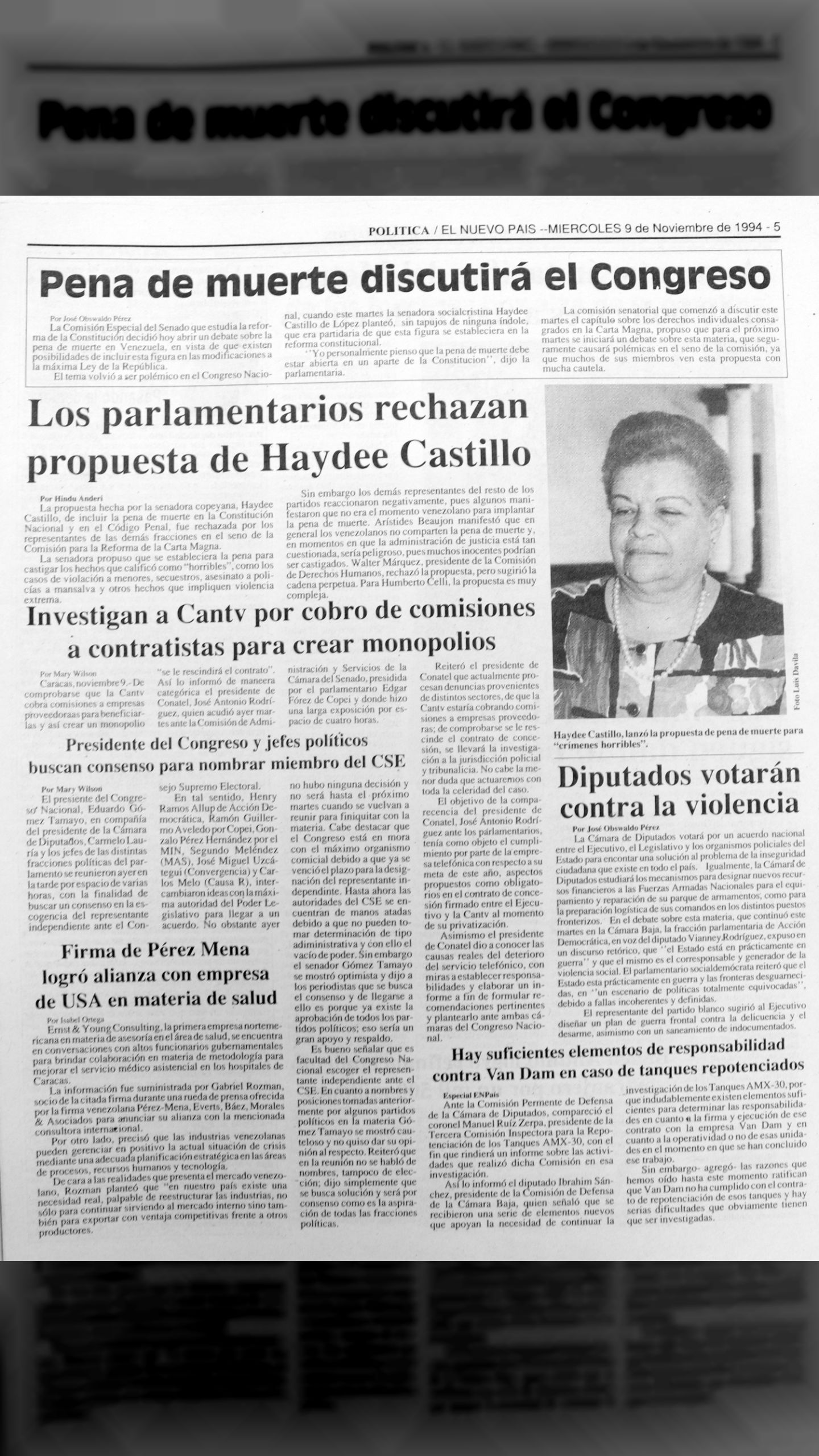 El Congreso discutirá la pena de muerte (El Nuevo País, 9 de noviembre 1994)