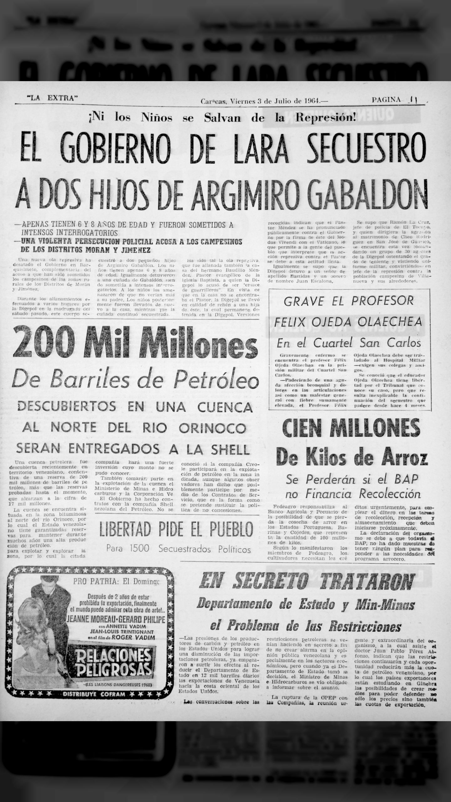 El gobierno de Lara secuestró dos hijos de Argimiro Gabaldón (La Extra, 03 de julio 1964)