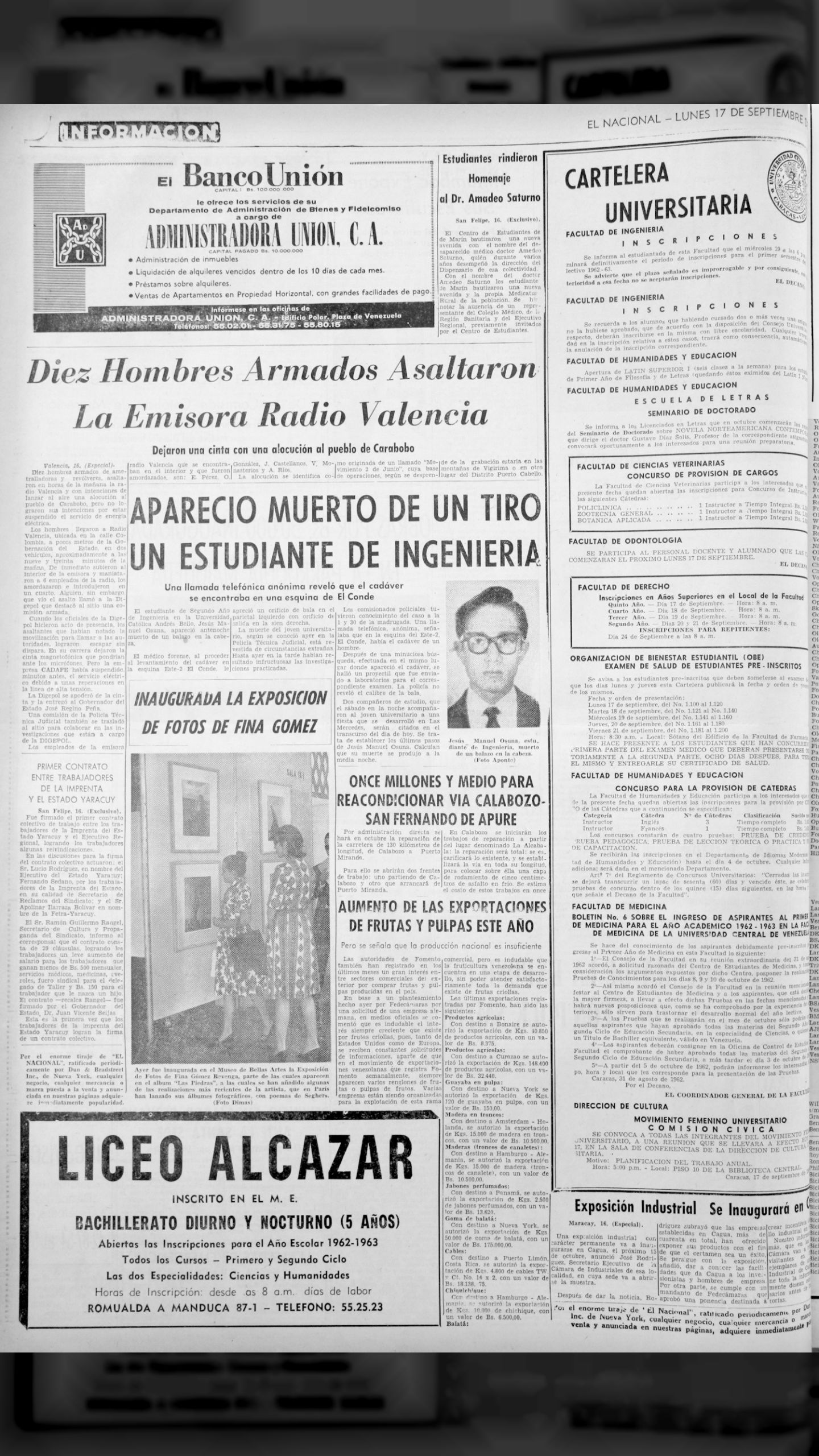 Apareció muerto de un tiro un estudiante de ingeniería (El Nacional, 17 de septiembre 1962)