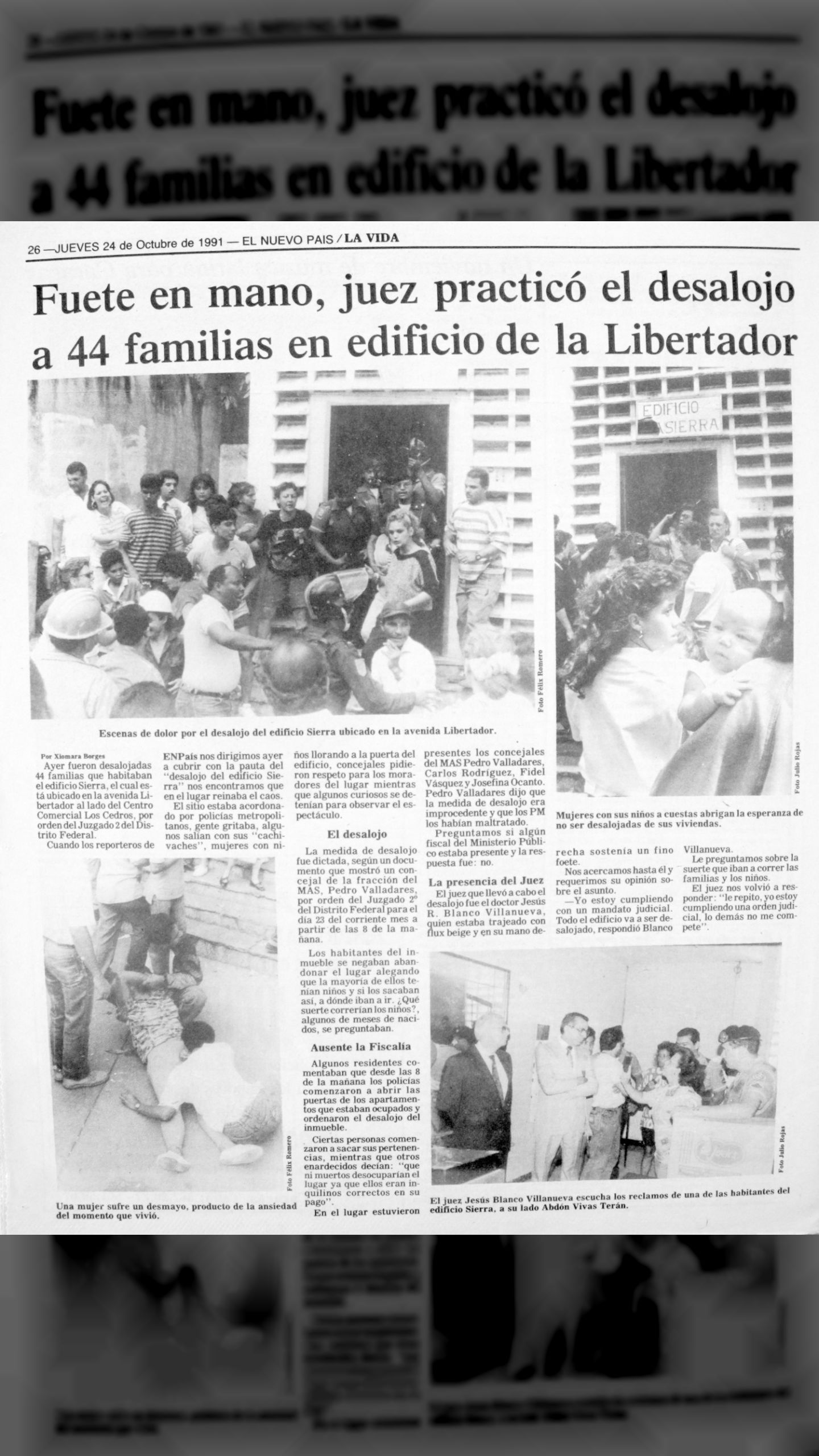 Fuete en mano, juez practicó desalojo a 44 familias en edificio de la Libertador (El Nuevo País, 24 de octubre 1991)