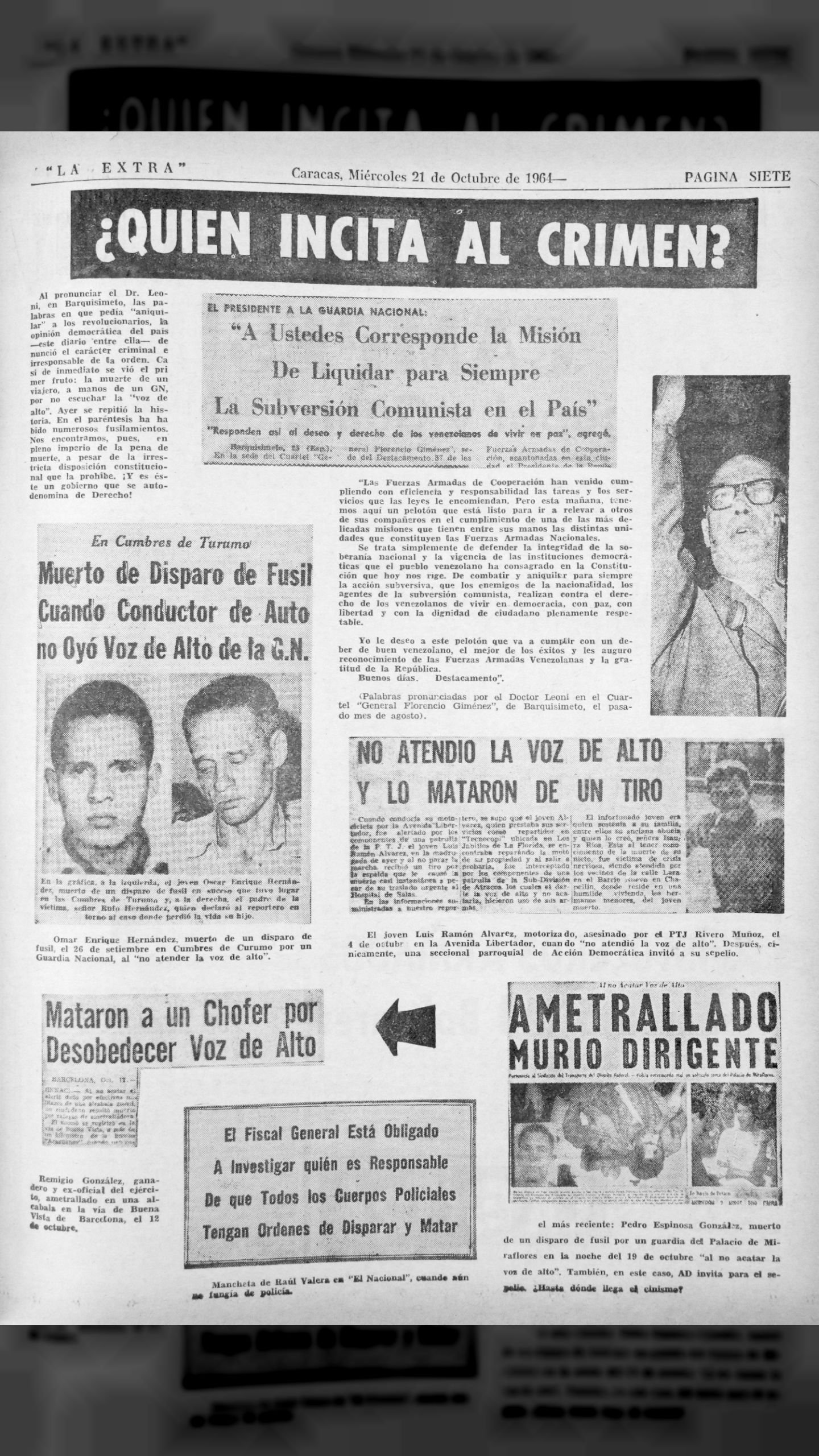 Raúl Leoni ordena liquidar comunistas para siempre ¿Quién incita al crimen? (La Extra, 21 de octubre 1964)