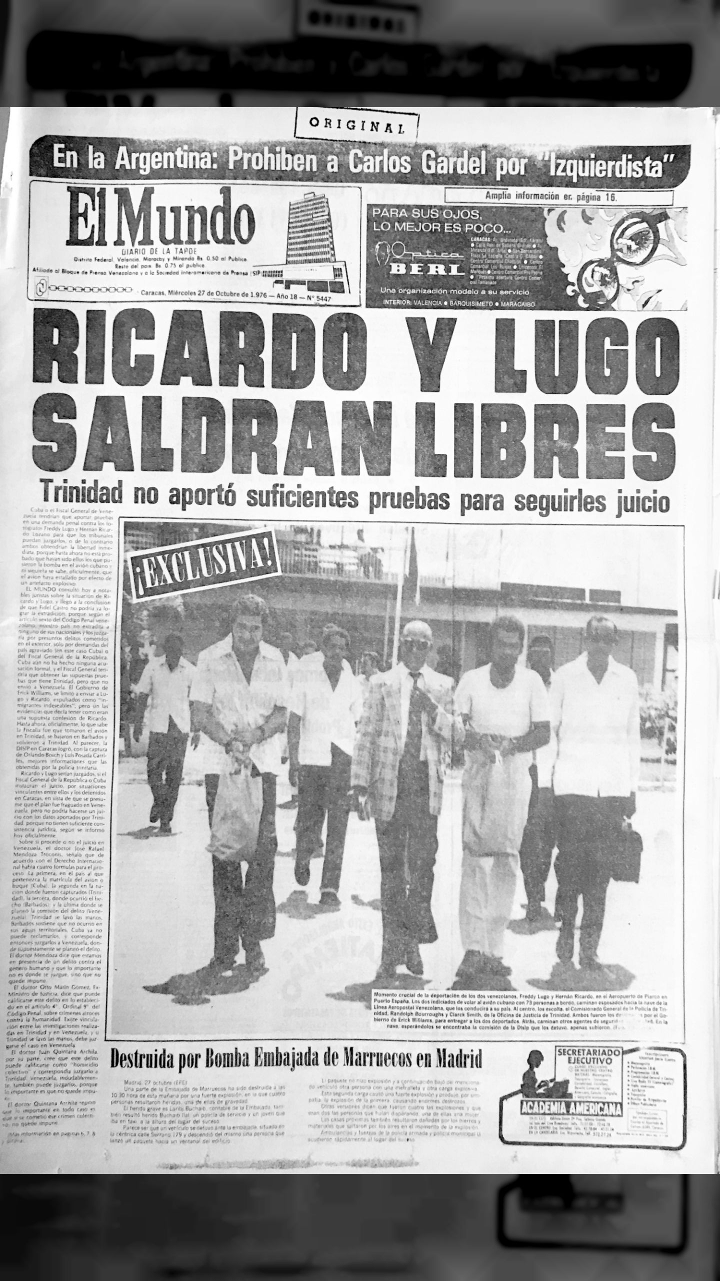 Ricardo y Lugo saldrán libres - Trinidad no aportó suficientes pruebas (El Mundo, 27 de octubre 1976)