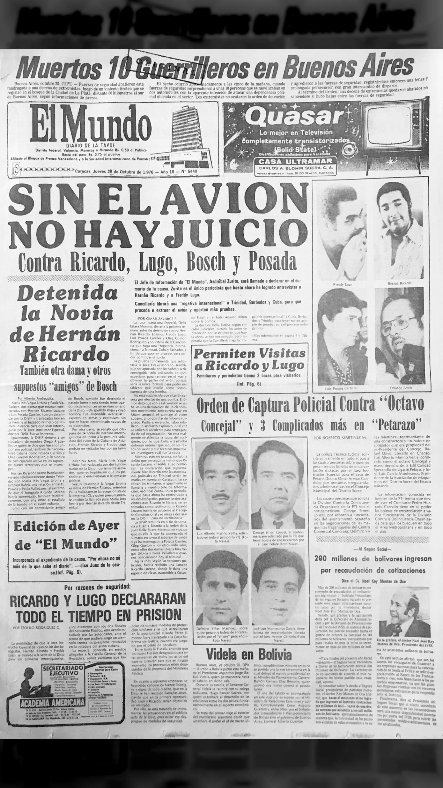 Sin el avión no hay juicio contra Ricardo, Lugo, Bosch y Posada (El Mundo, 28 de octubre 1976)