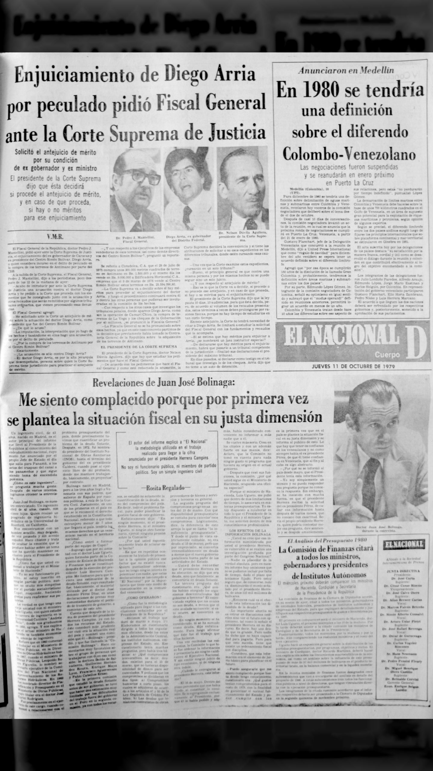 Enjuiciamiento a Diego Arria por peculado pidió Fiscal General ante la Corte Suprema de Justicia (El Nacional, 11 de octubre 1979)