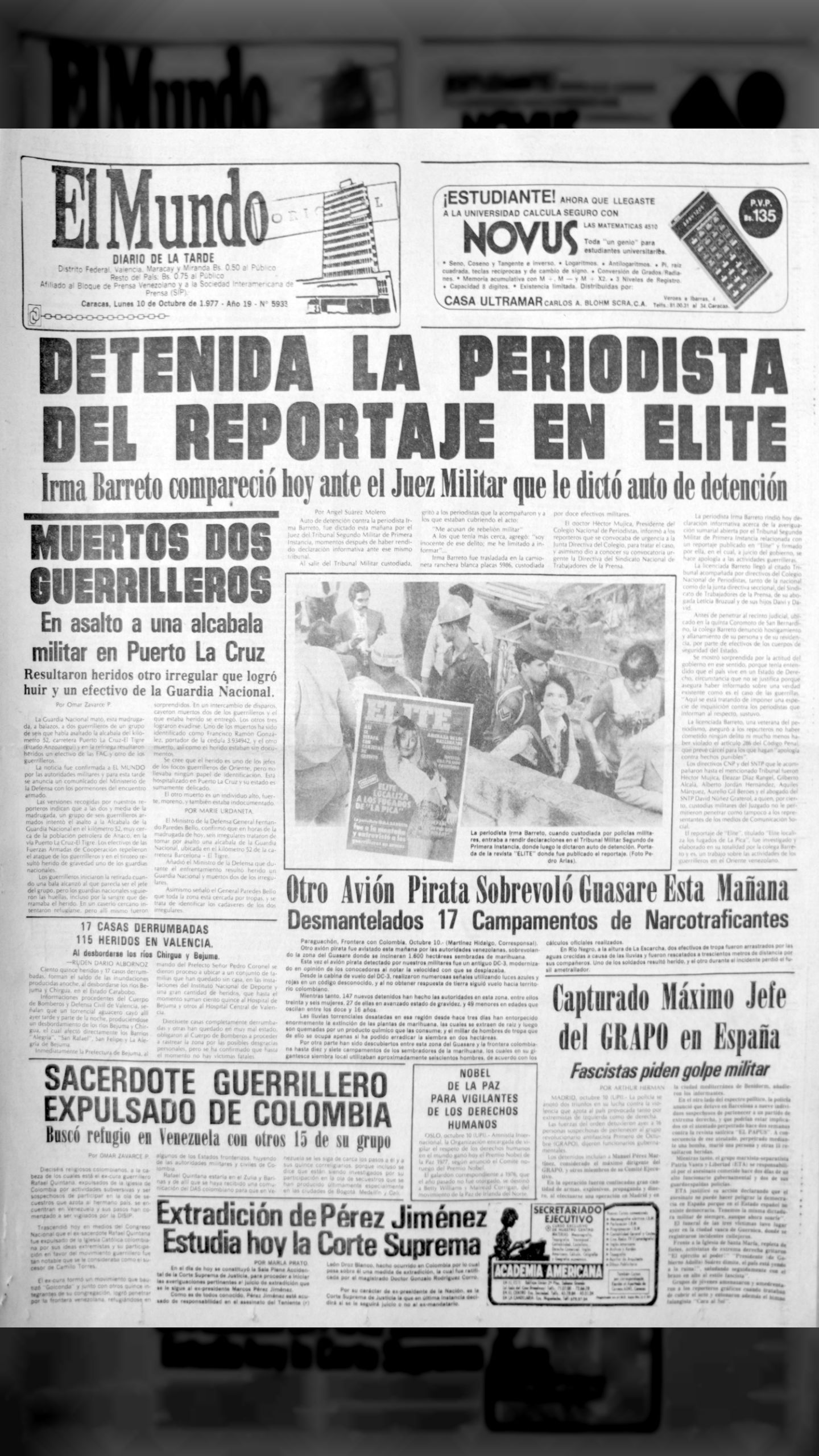 Detenida la periodista Irma Barreto por entrevistar a los fugados de la pica (El Mundo, 10 de octubre 1977)