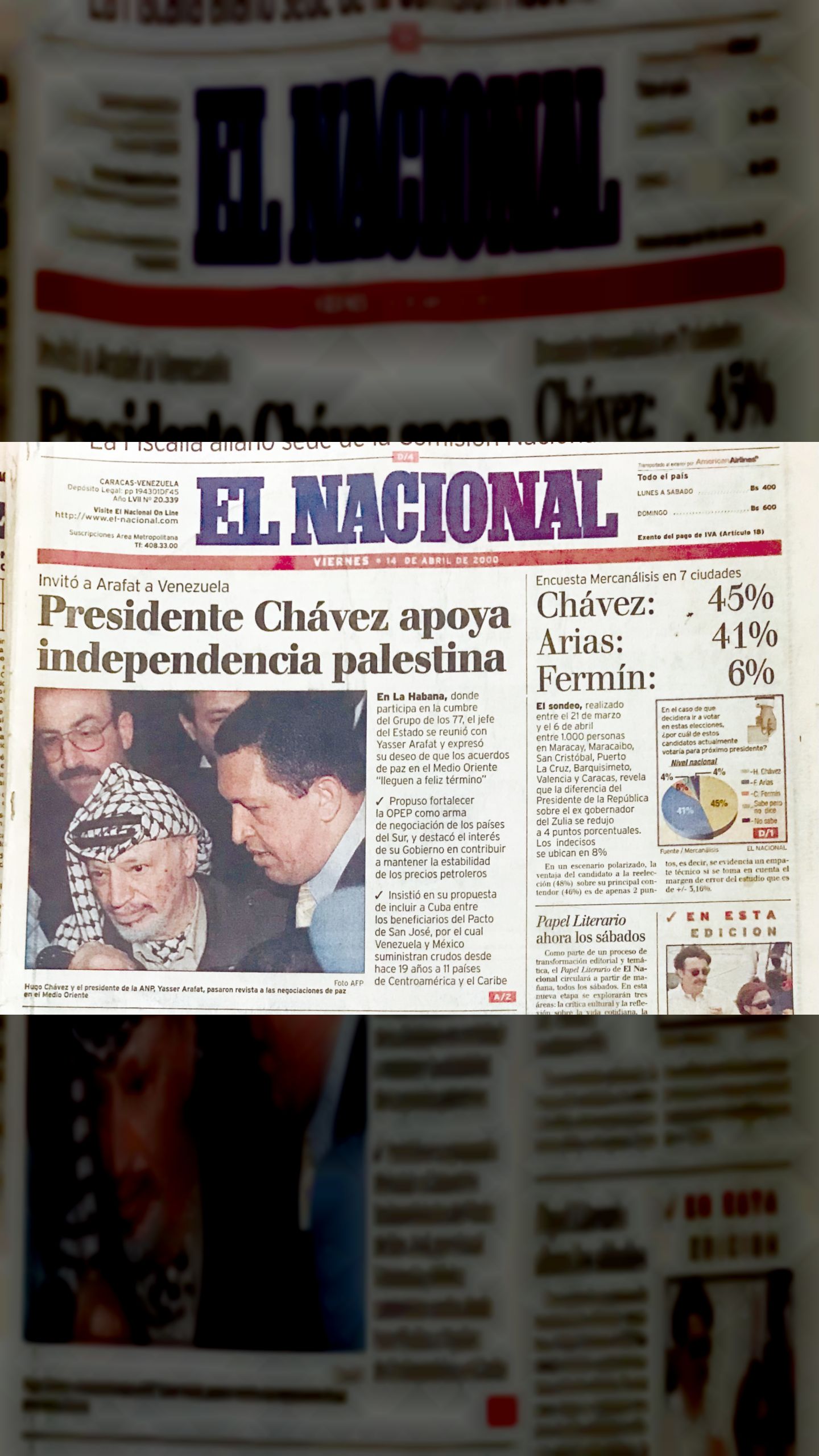 Presidente Chávez apoya independencia Palestina (El Nacional, 14 de abril 2000)