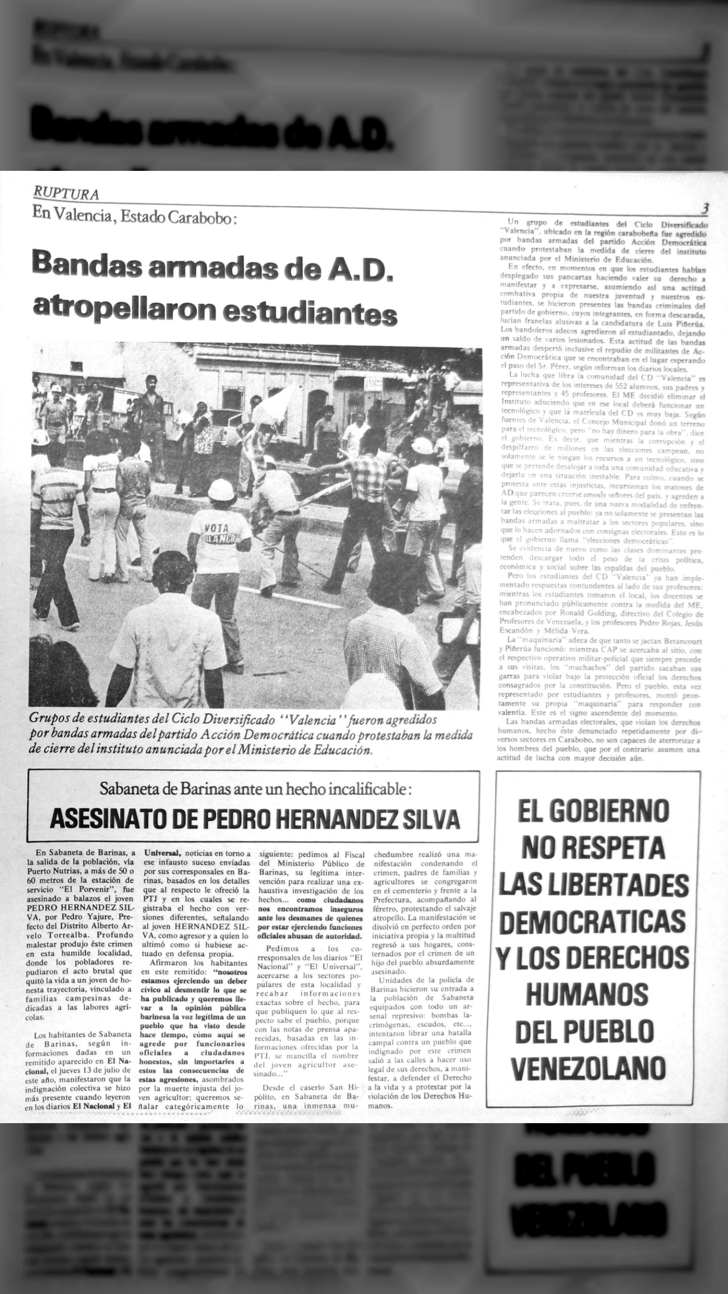 Bandas armadas de AD atropellaron estudiantes - Asesinato de Pedro Hernández Silva en Sabaneta de Barinas (Ruptura, 1ra quincena de agosto 1978)