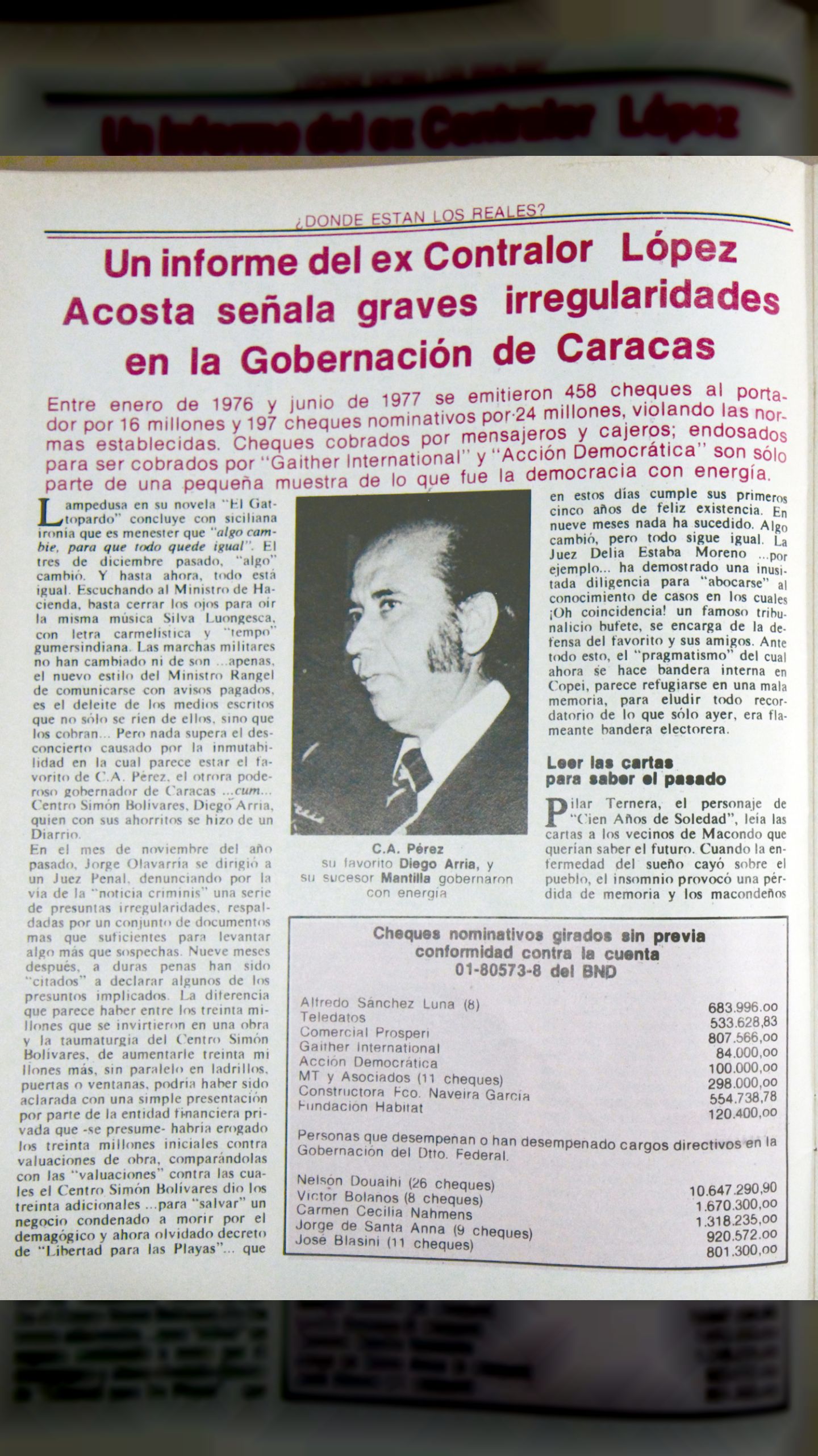 Informe del ex contralor... señala graves irregularidades en la Gobernación de Caracas (Revista Resumen, 12 de agosto 1979)