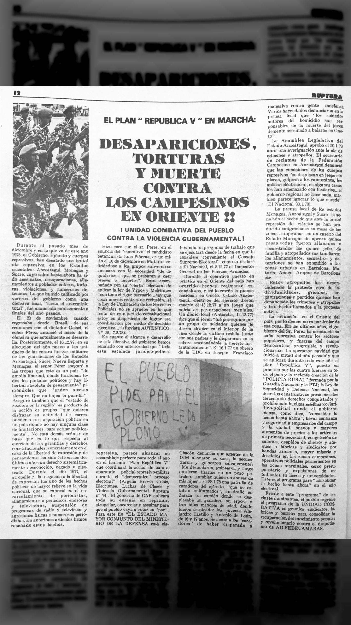 Plan “República V” en marcha: desapariciones, torturas y muertes contra los campesinos en oriente!! (Ruptura, junio 1978)