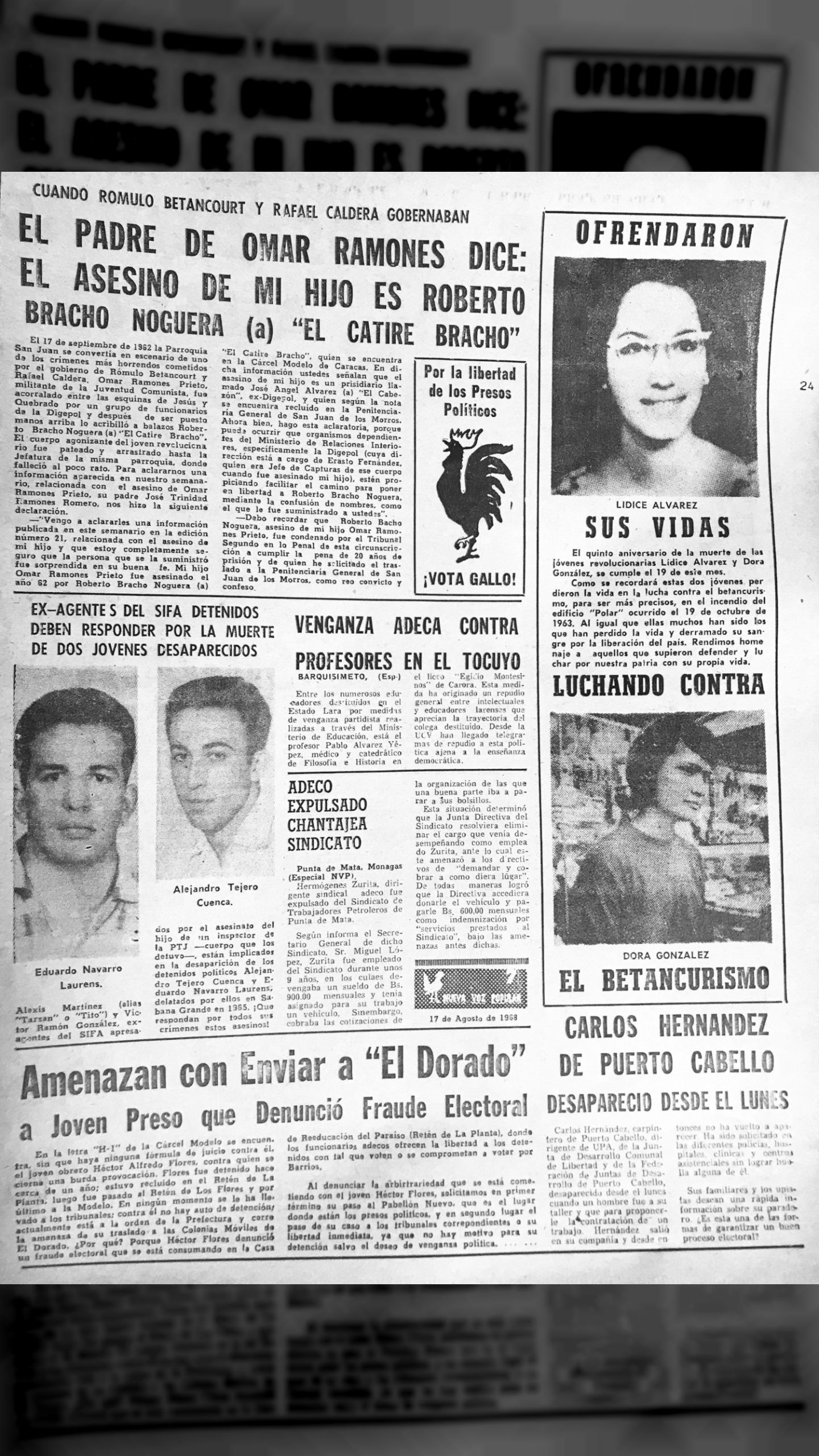 Lídice Álvarez y Dora González ofrendaron sus vidas luchando contra el betancurismo (Nueva Voz Popular, 17 de octubre 1968 nro.24)