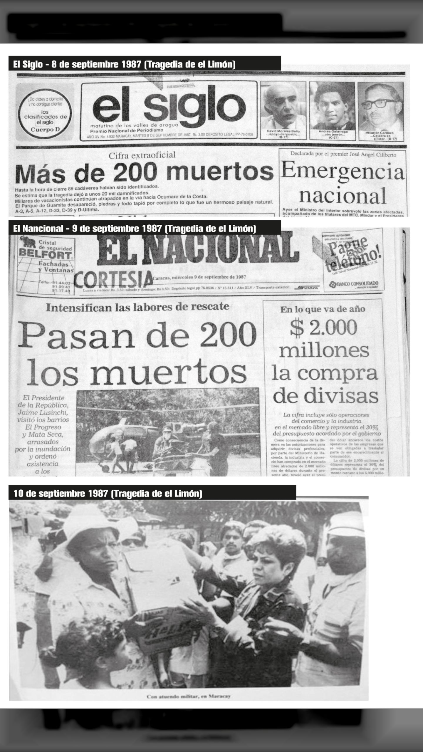 La tragedia del río El Limón, Estado Aragua (Collage de prensa, 7-8-9 y 10 de septiembre 1987)