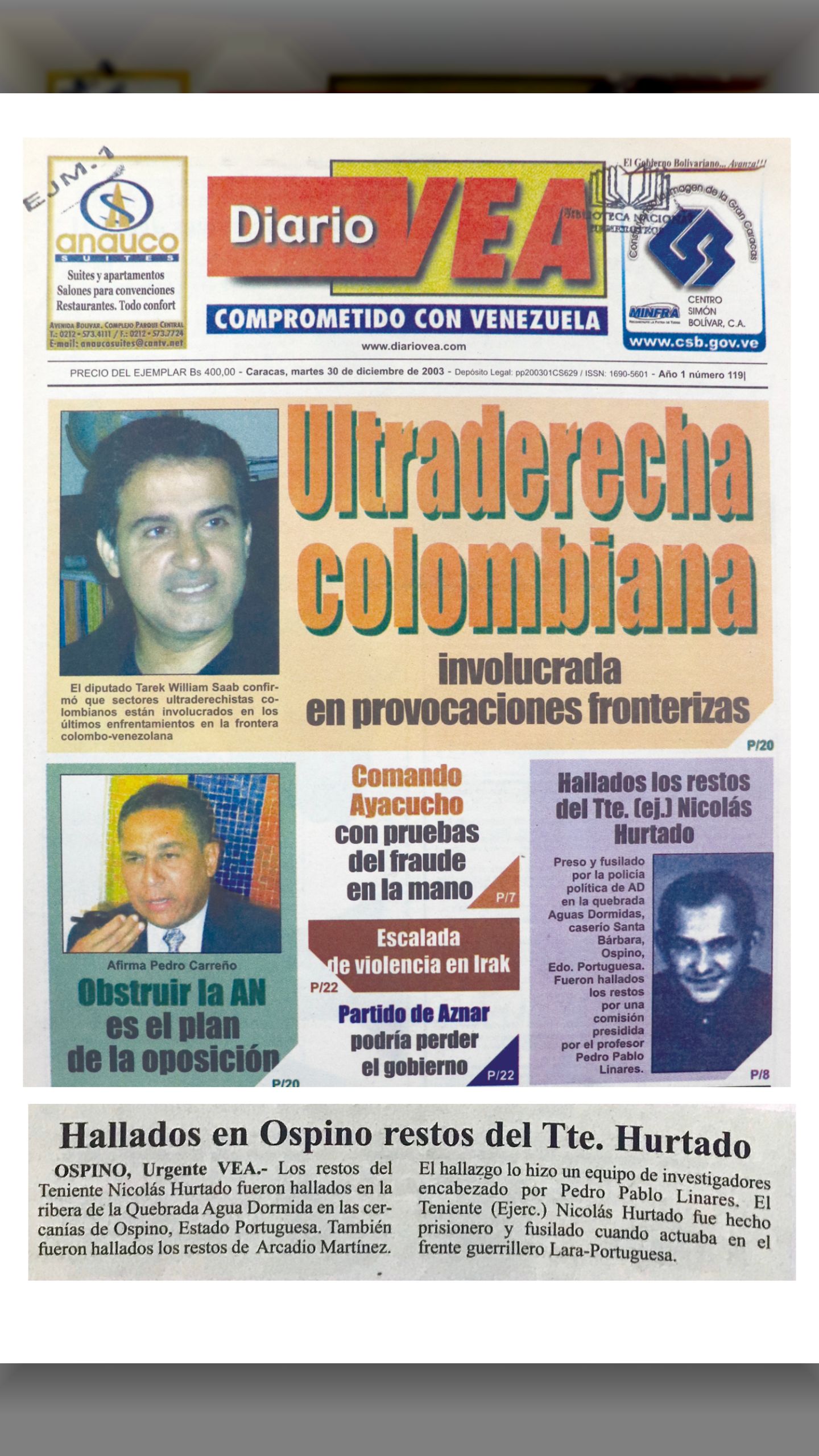Hallados los restos del Tte.(ej.) Nicolás Hurtado (Diario VEA, 25 diciembre de 2003)