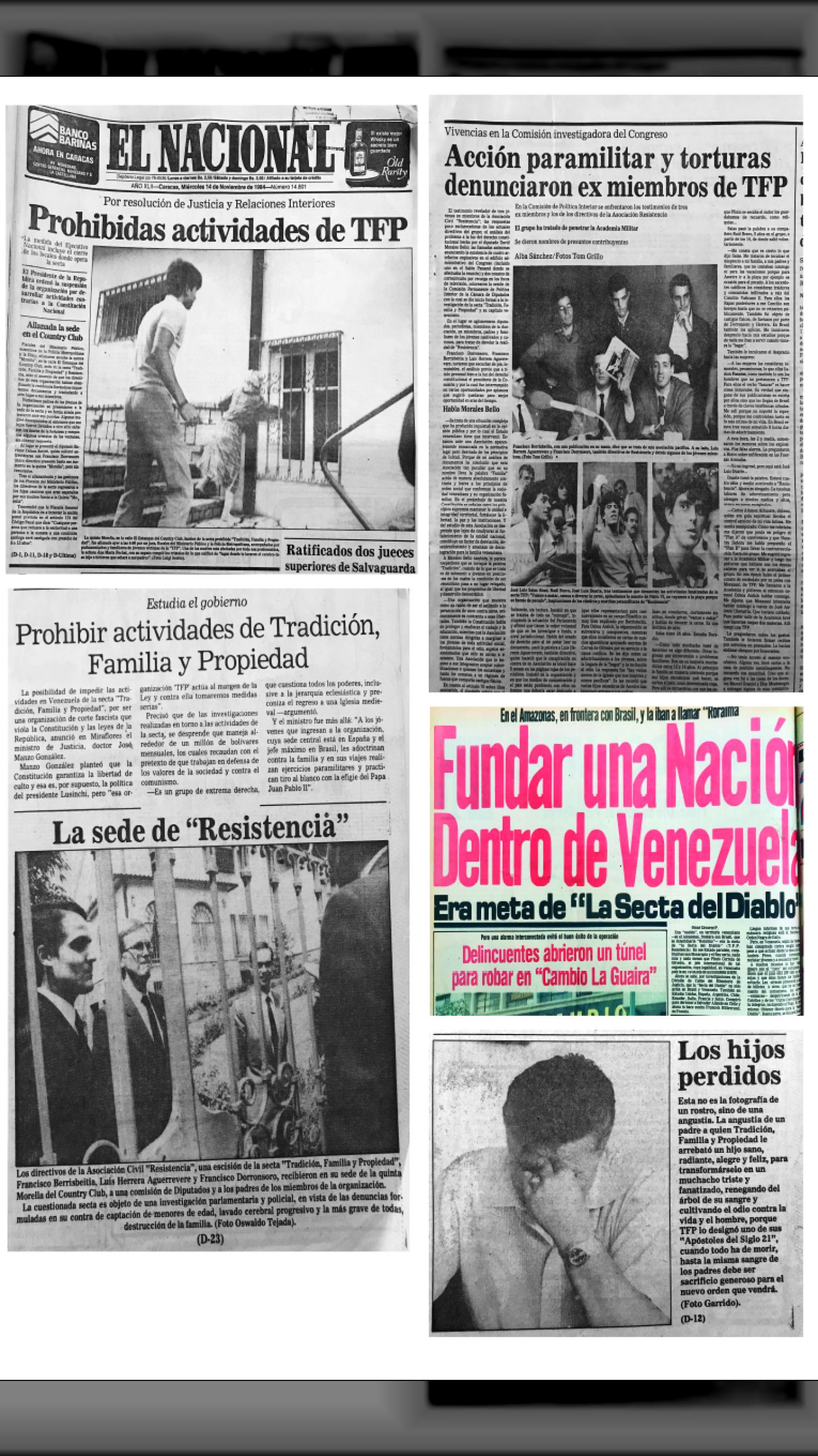Prohibidas las actividades de TFP (Tradición, Familia y Propiedad) (El Nacional, 14 de noviembre de 1984)