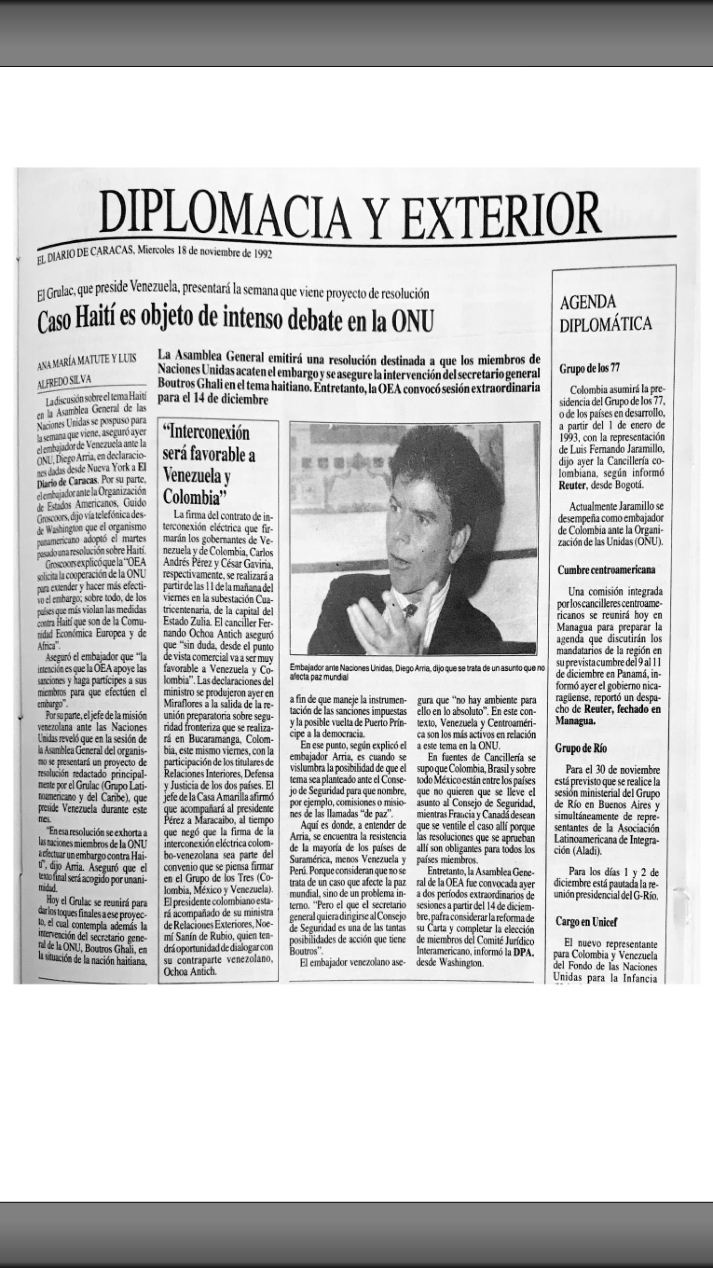 Diplomacia y Exterior (El Diario de Caracas 18/11/1992)