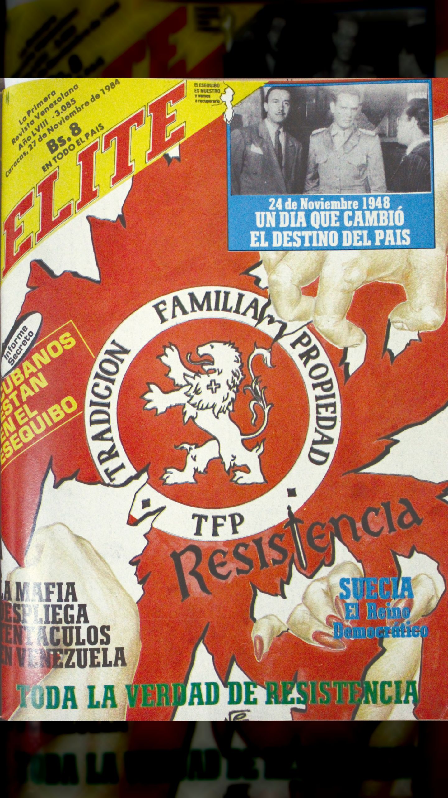 Portada completa y a todo color dedicada a la secta Tradición, Familia y Propiedad (Revista Élite #3085  Año LVIII 27/11/1984)