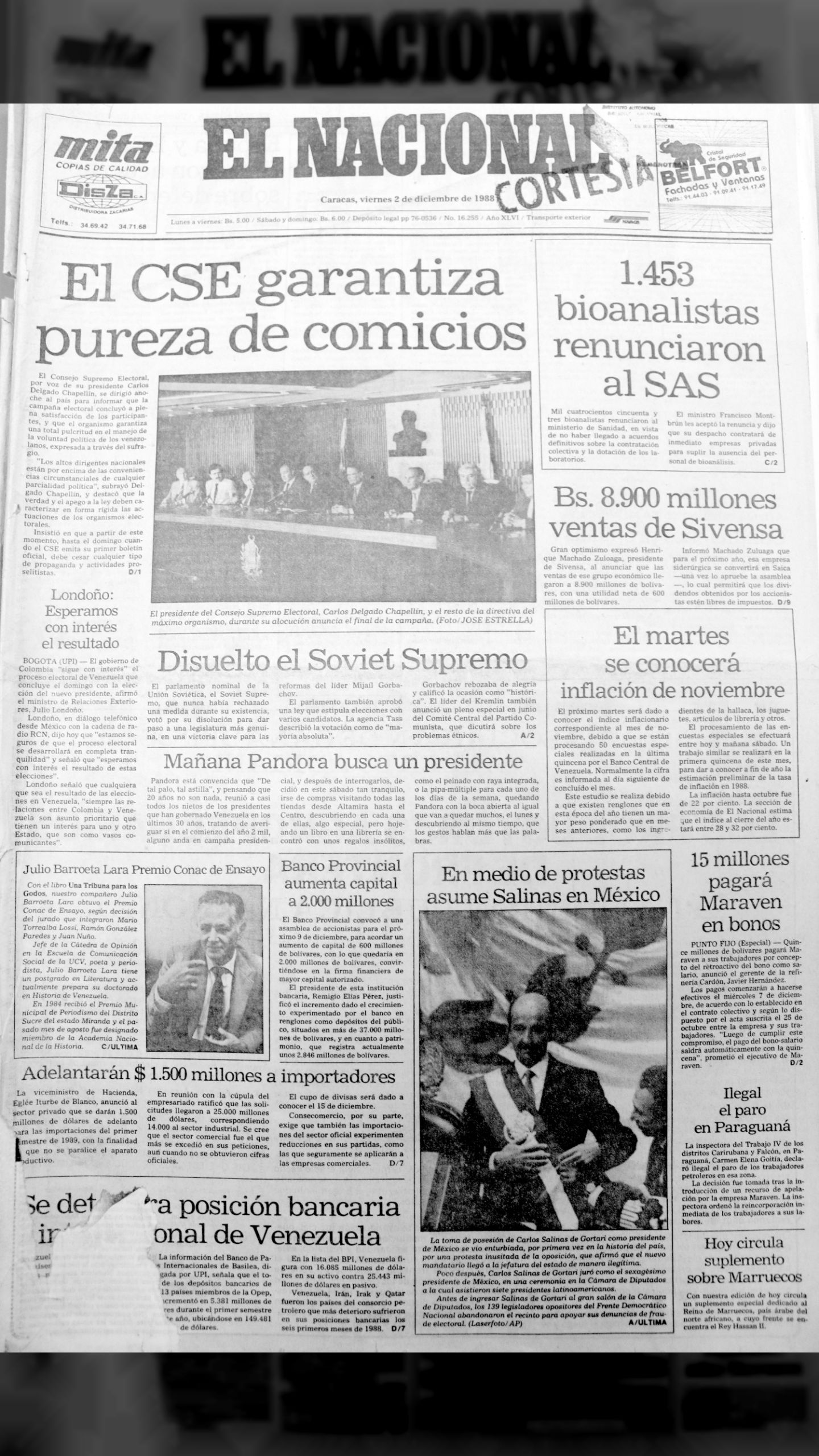 El CSE garantiza pureza de comicios (El Nacional, viernes 02 de diciembre de 1988)