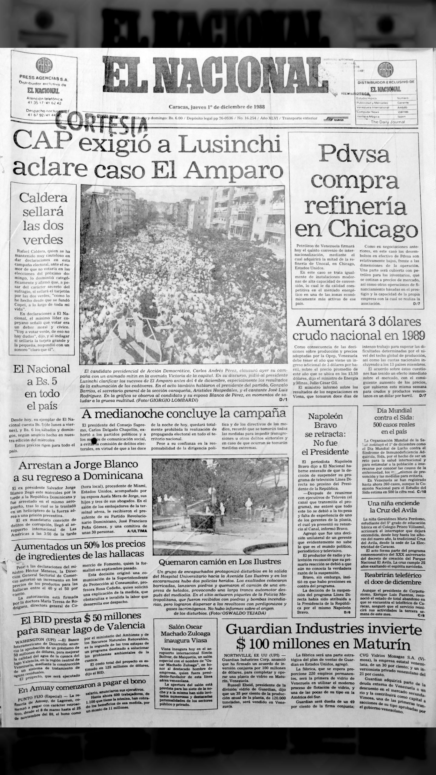 CAP exigió a Lusinchi que se aclare el caso de El Amparo (El Nacional, jueves 01 de diciembre de 1988)