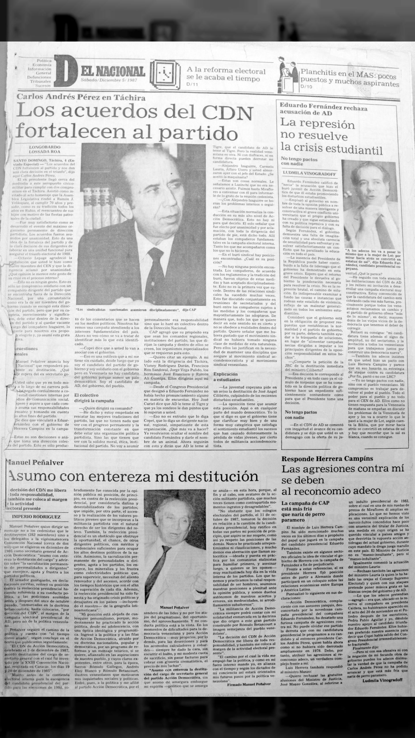 Manuel Peñalver: Asumo con entereza mi destitución del CDN (El Nacional, sábado 5 de diciembre de 1987)