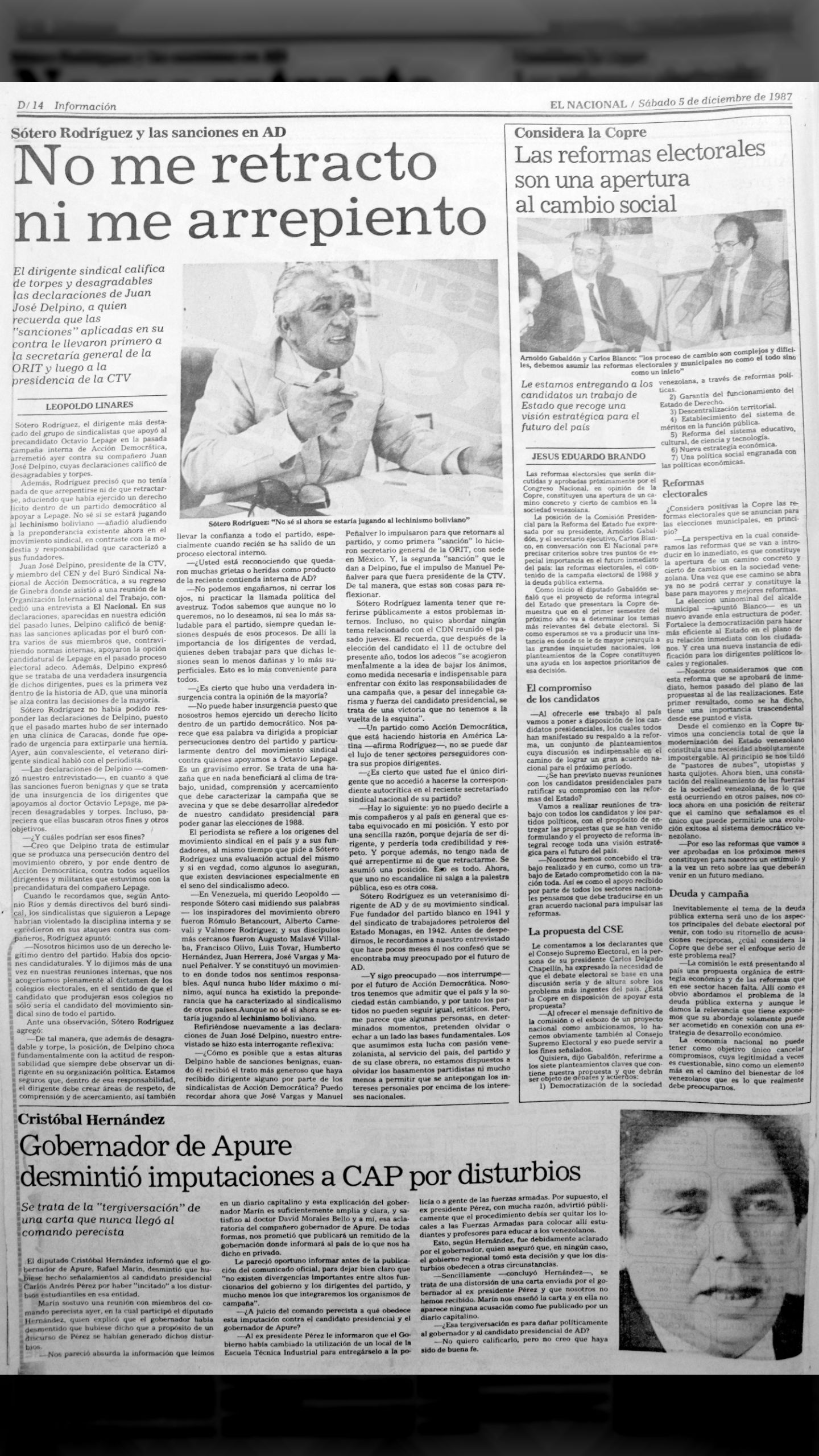 Sótero Rodríguez y las sanciones de AD: No me retracto ni me arrepiento (El Nacional, sábado 5 de diciembre de 1987)