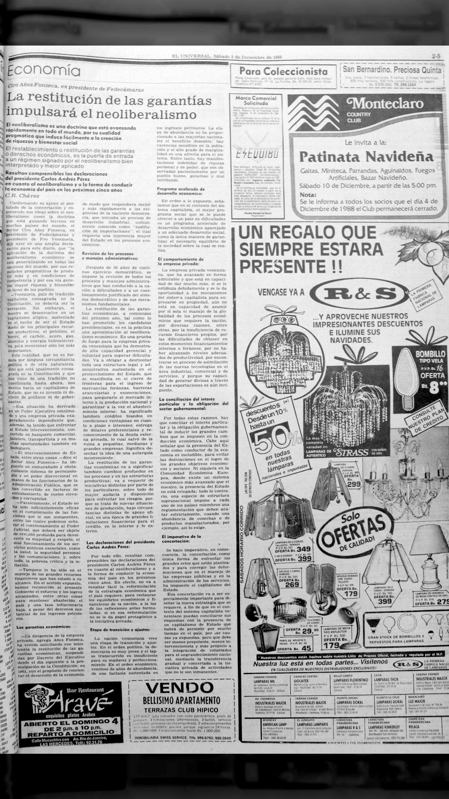Ciro Añez Fonseca, ex presidente de Fedecámaras: La restitución de las garantías impulsará el neoliberalismo (El Universal, sábado 03 de diciembre de 1988)