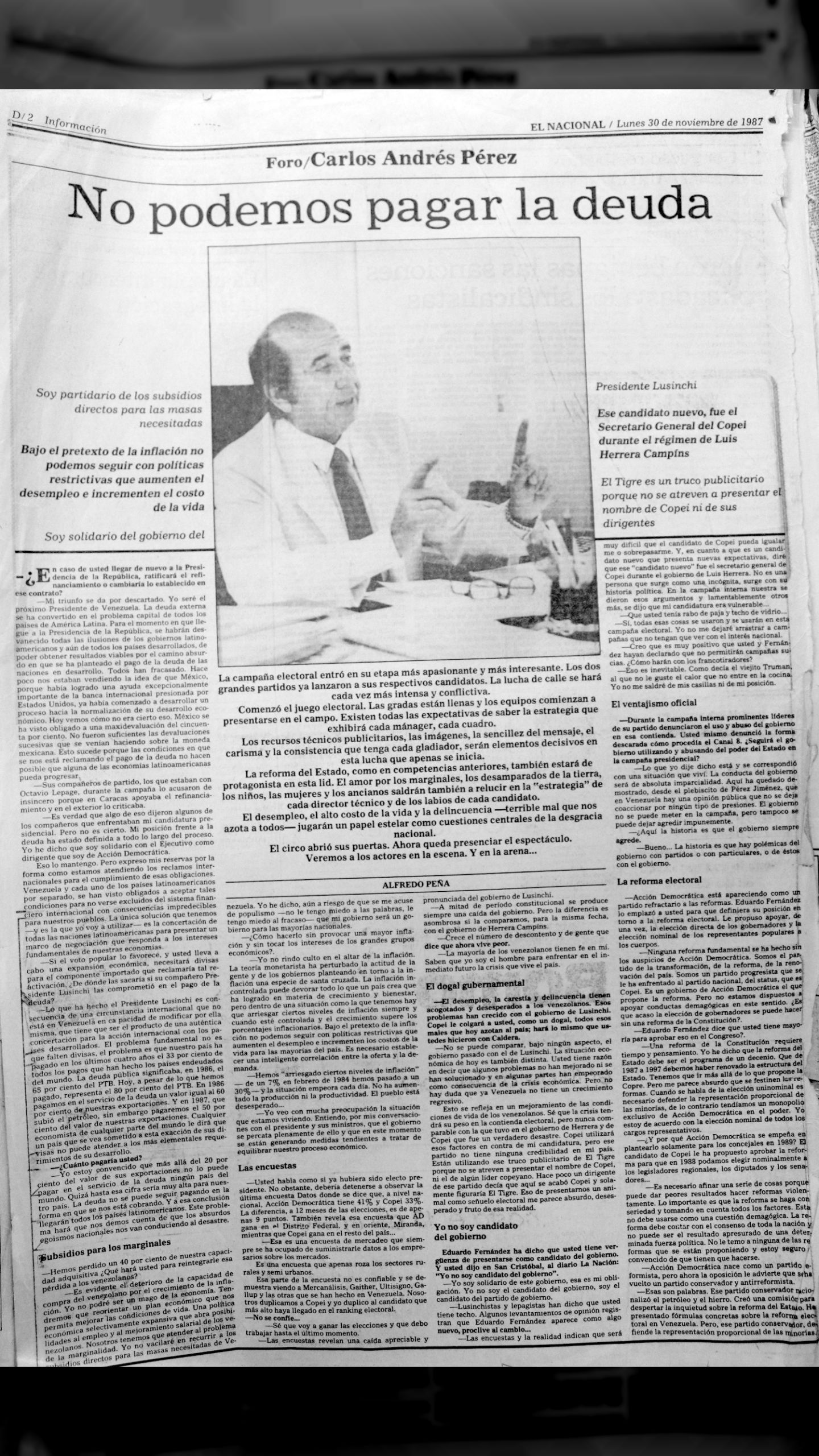 Carlos Andrés Pérez: Los acuerdos del CDN fortalecen el partido (El Nacional, sábado 5 de diciembre de 1987)