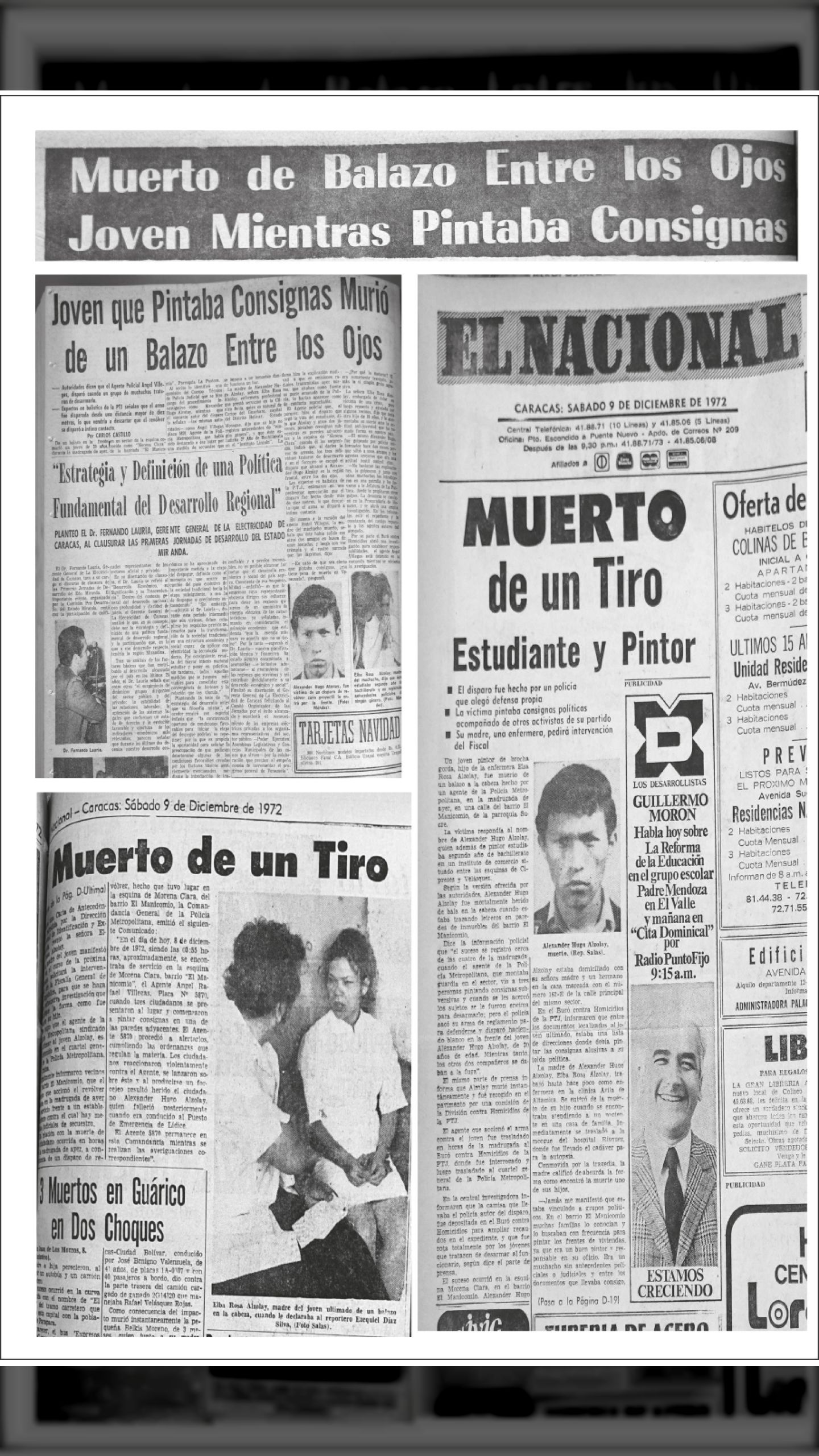 Joven que pintaba consignas murió de un balazo entre los ojos (Collage: Últimas Noticias/ El Nacional - 9 de diciembre de 1972)