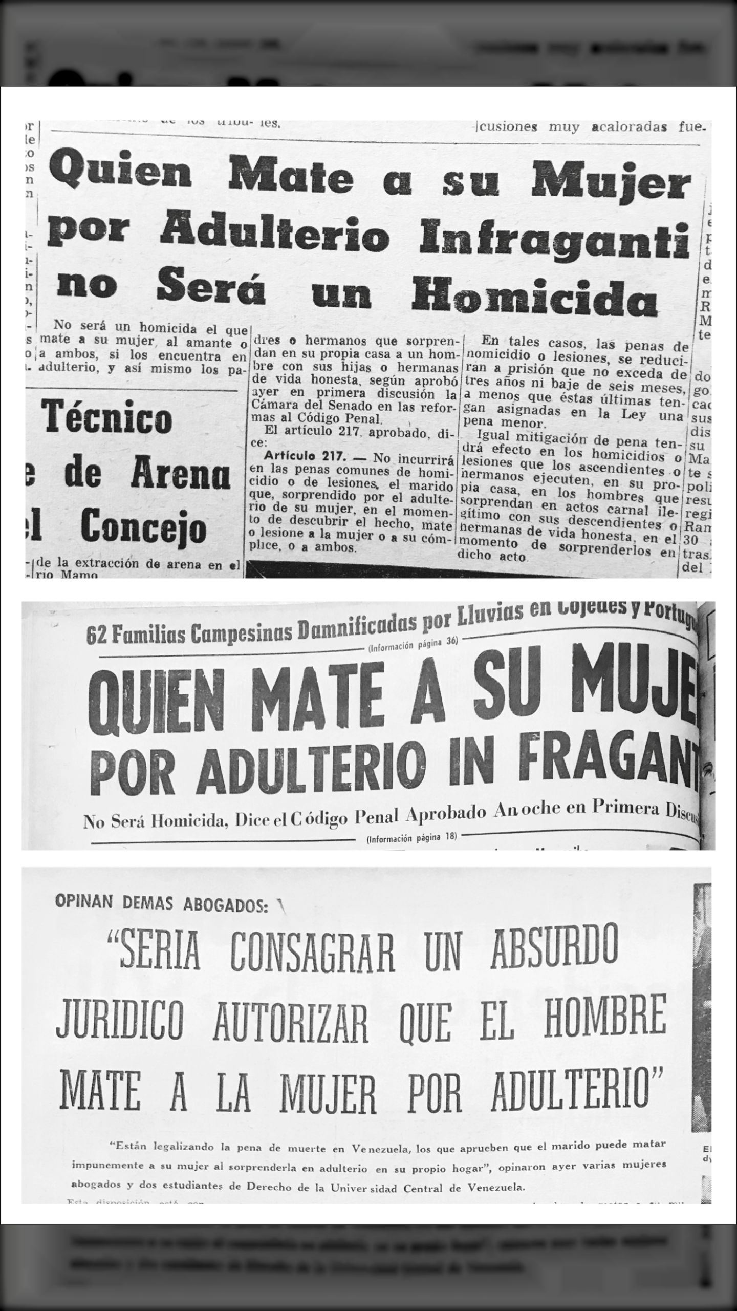 Quien mate a su mujer por adulterio infraganti no será homicida (Últimas Noticias, 20 de octubre 1965)