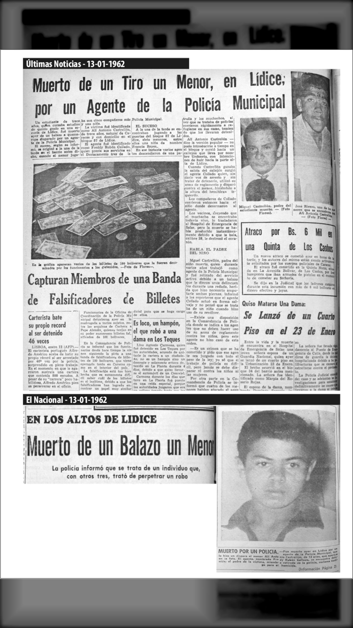 Muerto de un tiro un menor…sin darle voz de alto (Últimas Noticias, 13 de enero 1962)
