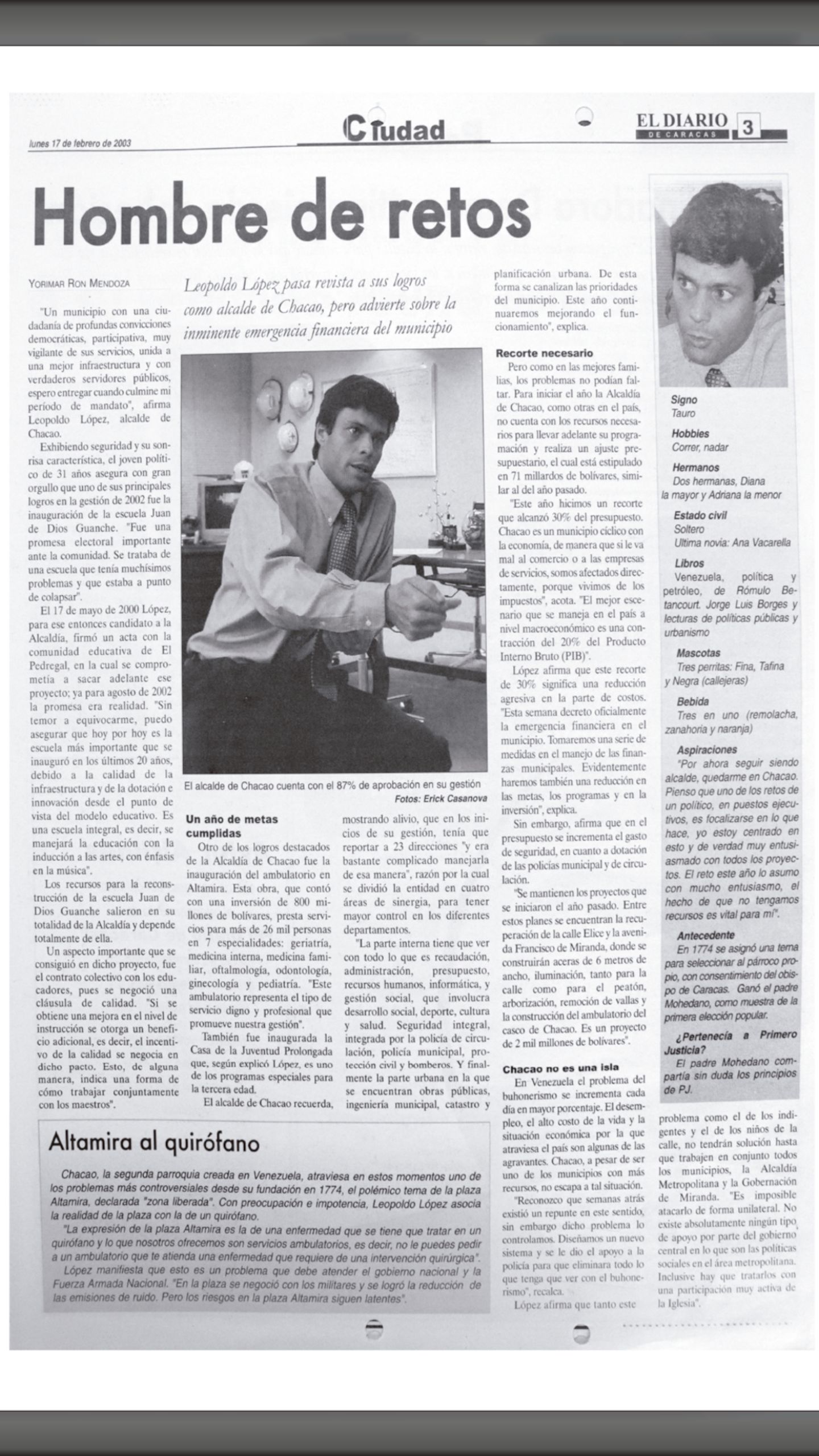 Leopoldo López, hombre de retos (Diario de Caracas, lunes 17 de febrero de 2003)