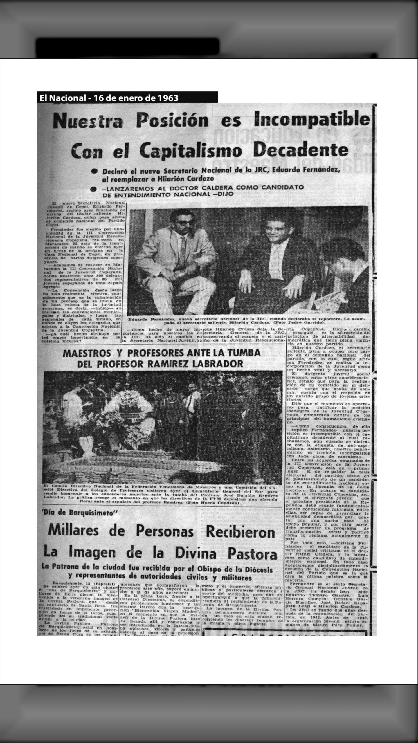 Declaraciones de Eduardo Fernández - Nuestra Posición es Incompatible Con el Capitalismo Decadente (EL NACIONAL, 16 de enero de 1963)