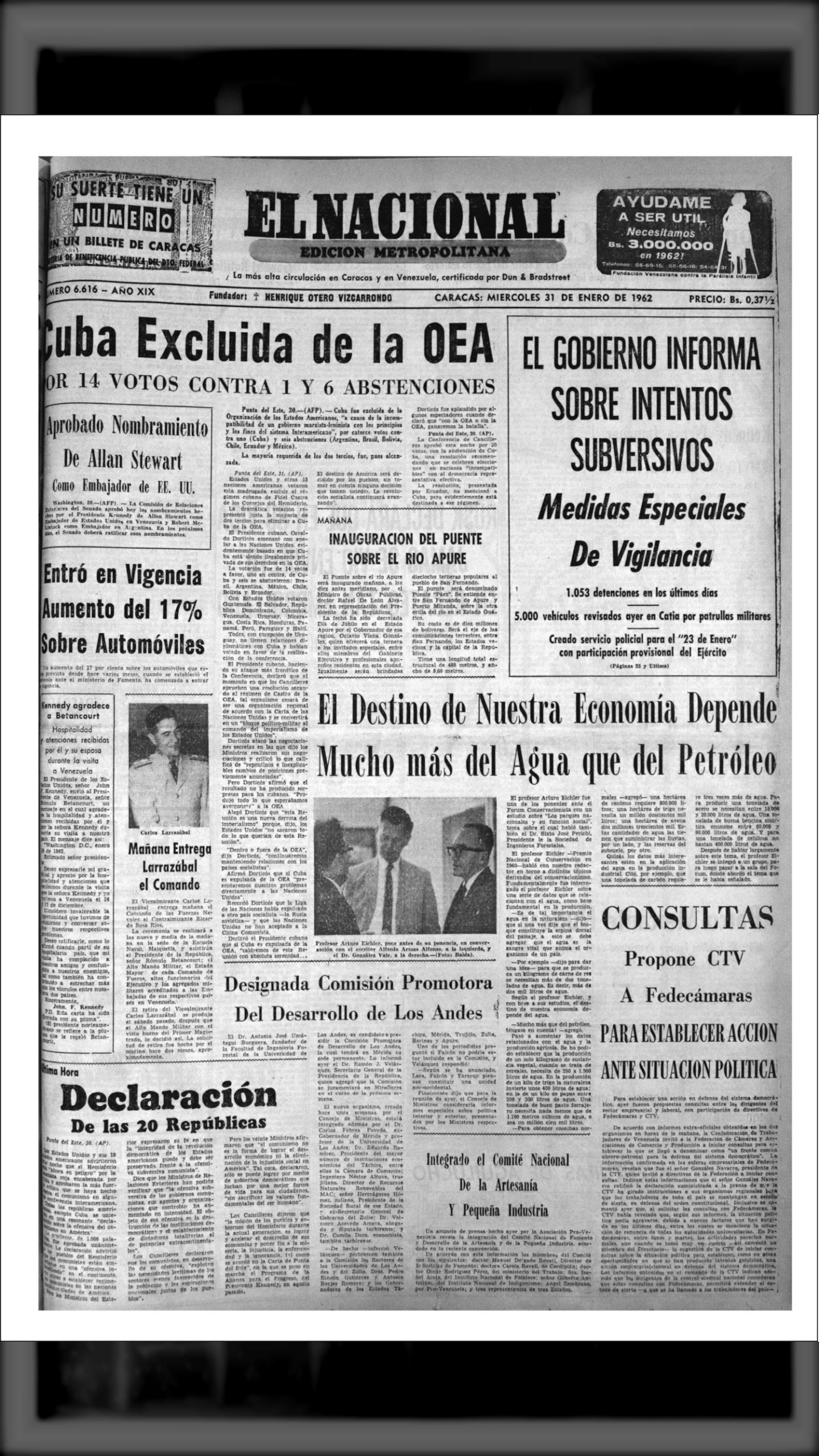 CUBA EXCLUÍDA DE LA OEA POR 14 VOTOS CONTRA 1 Y 6 ABSTENCIONES (EL NACIONAL, 31 de enero de 1962)