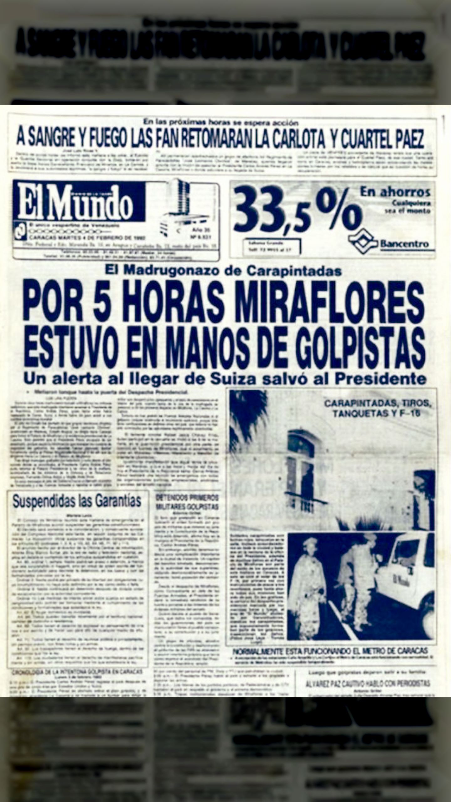 POR 5 HORAS MIRAFLORES ESTUVO EN MANOS DE GOLPISTAS (El Mundo, 4 de febrero de 1992)