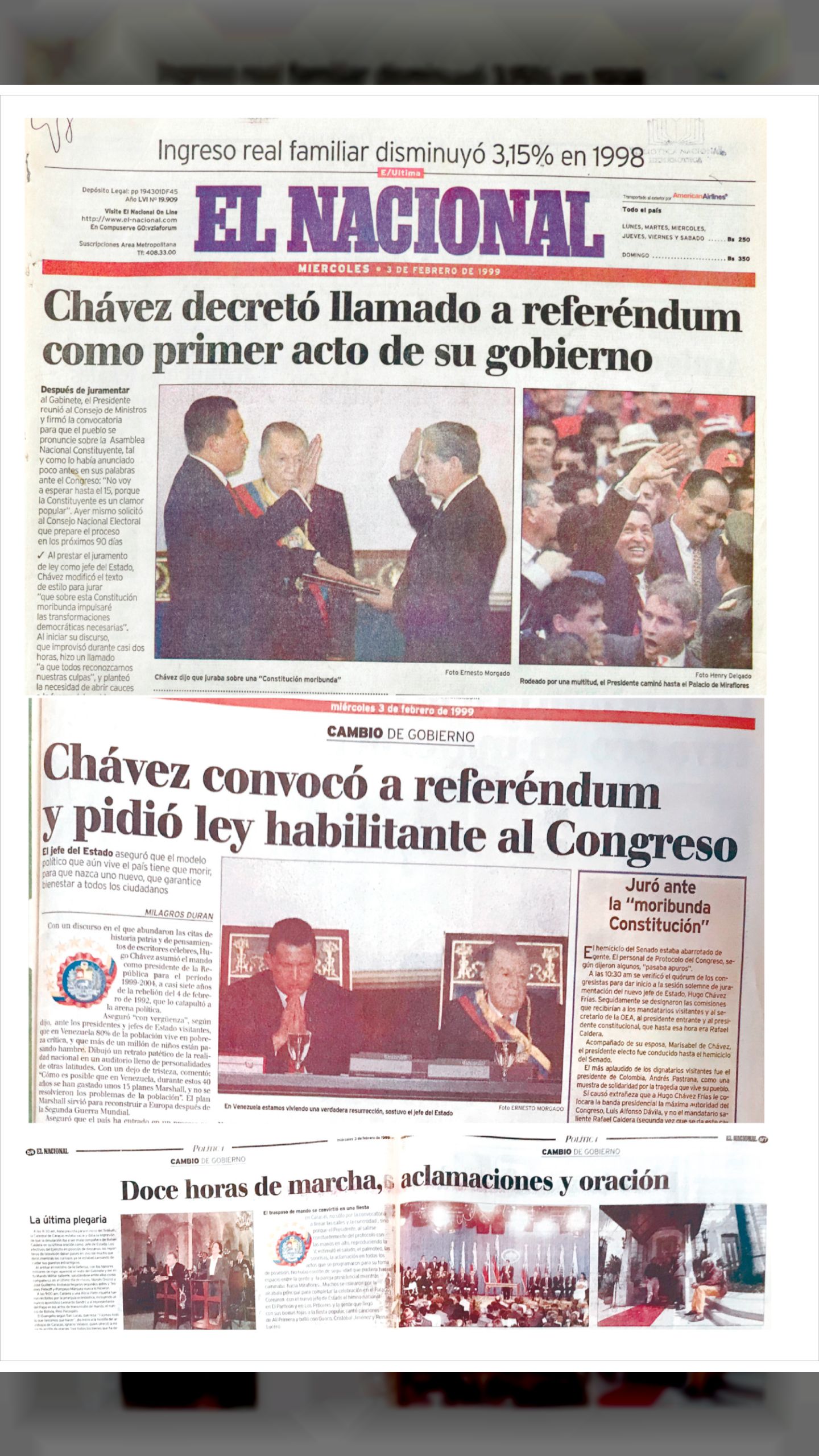 Chávez se juramentó, convocó a referéndum y pidió ley habilitante al Congreso (EL NACIONAL, 03 de febrero 1999)