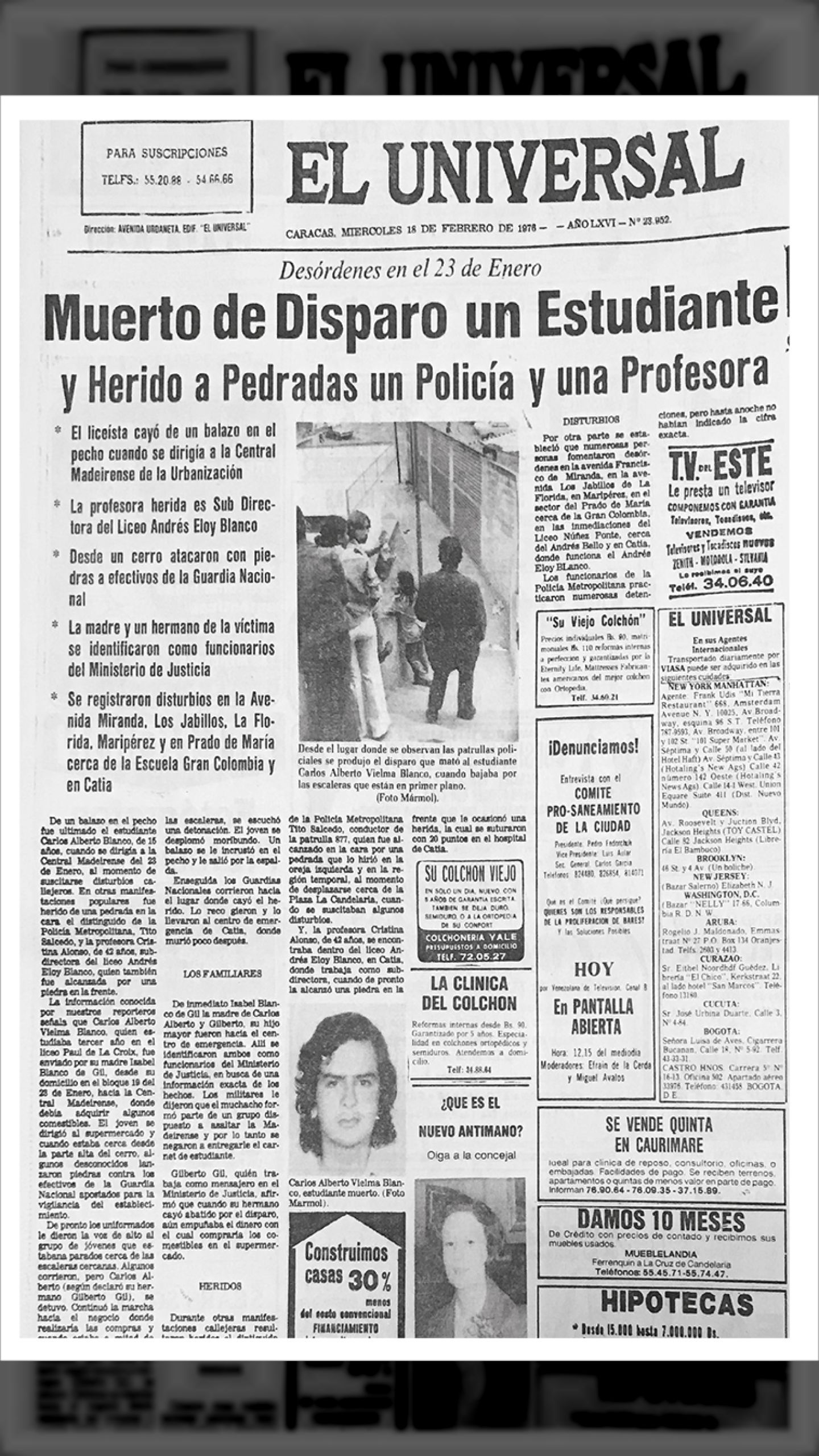 Muerto de un disparo un estudiante (EL UNIVERSAL, 18 de febrero 1976)