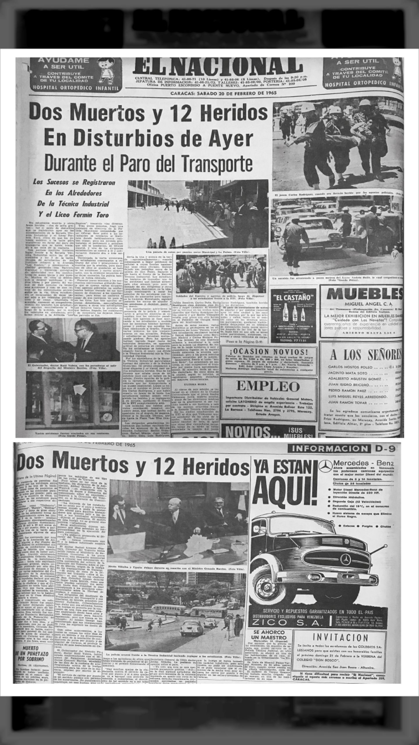Dos Muertos y 12 Heridos en Disturbios de Ayer Durante Paro del Transporte (EL NACIONAL, 20 de febrero 1965)