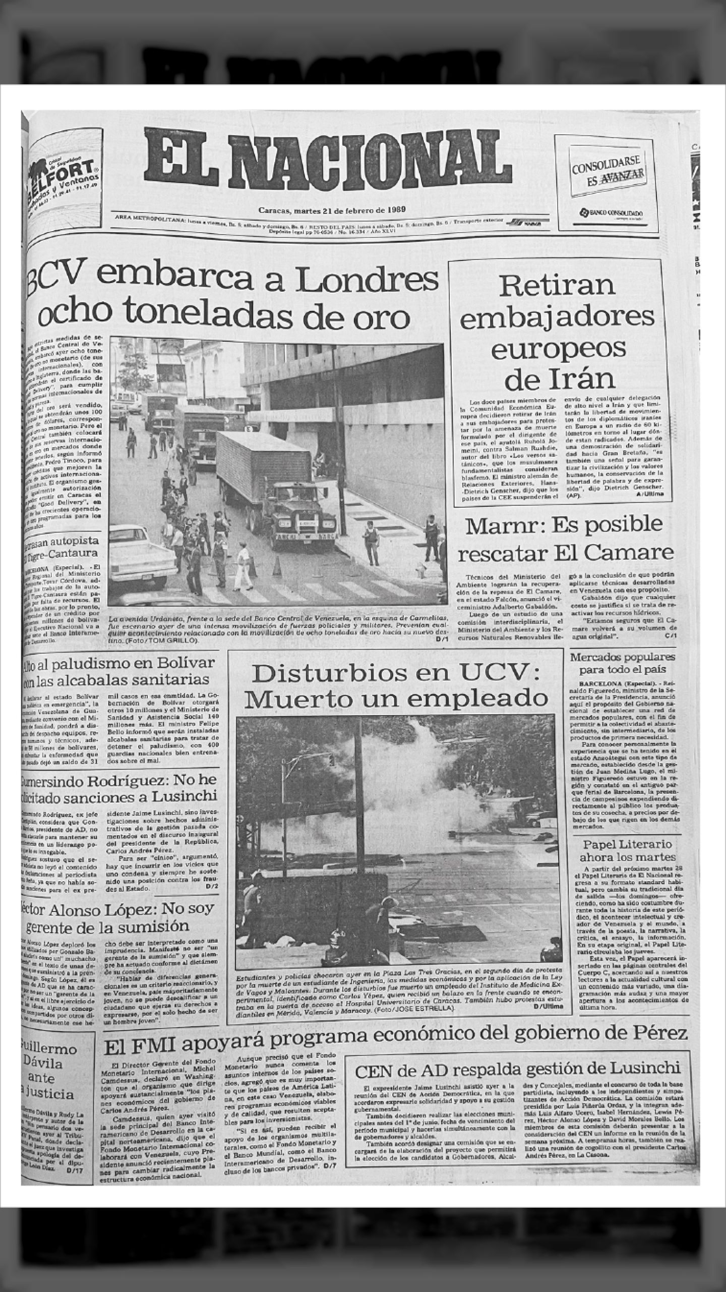 BCV embarca a Londres ocho toneladas de oro (EL NACIONAL, 21 de febrero 1989)